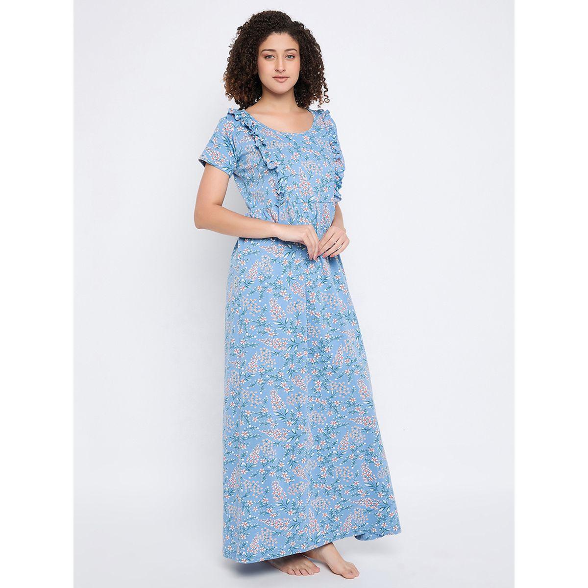 Clovia Cotton Floral Print Ruffled Nightdress-women-clothing-nightwear-nighties-image-6