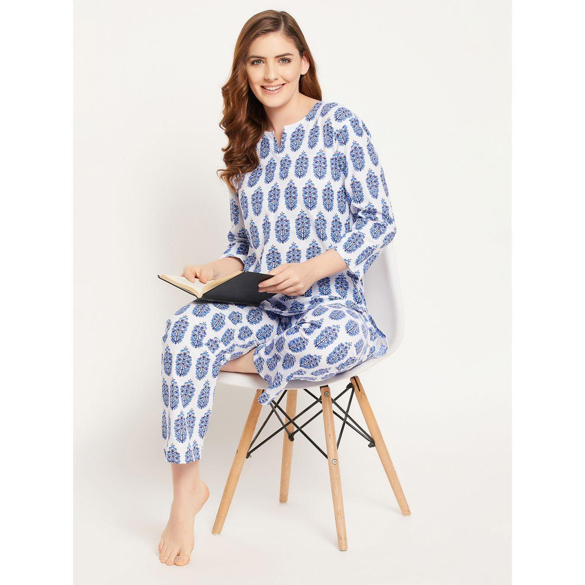 Clovia Cotton Floral Print 3/4 Sleeves Top & Pyjama Set-women-clothing-nightwear-pyjamas-longsets-image-1