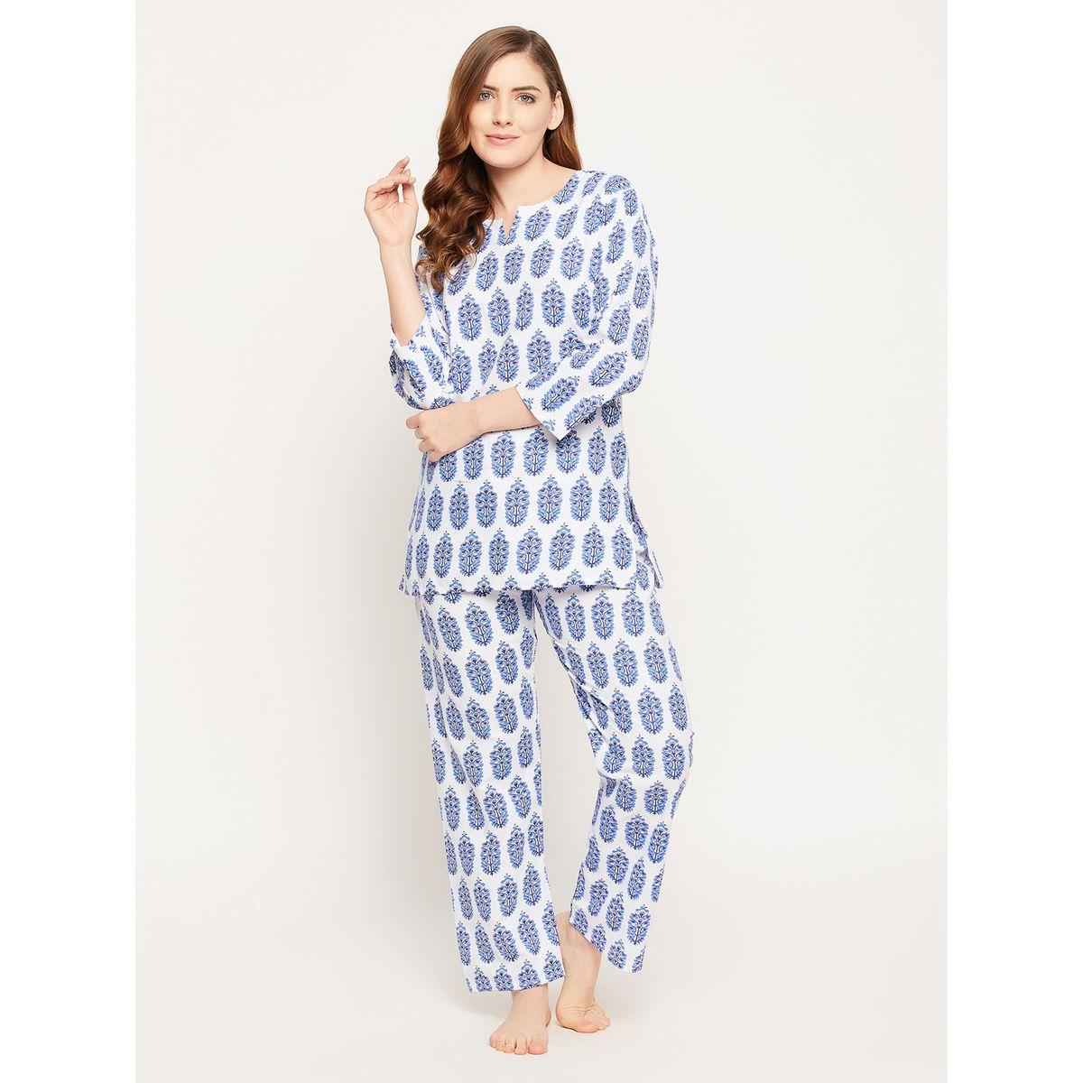 Clovia Cotton Floral Print 3/4 Sleeves Top & Pyjama Set-women-clothing-nightwear-pyjamas-longsets-image-2