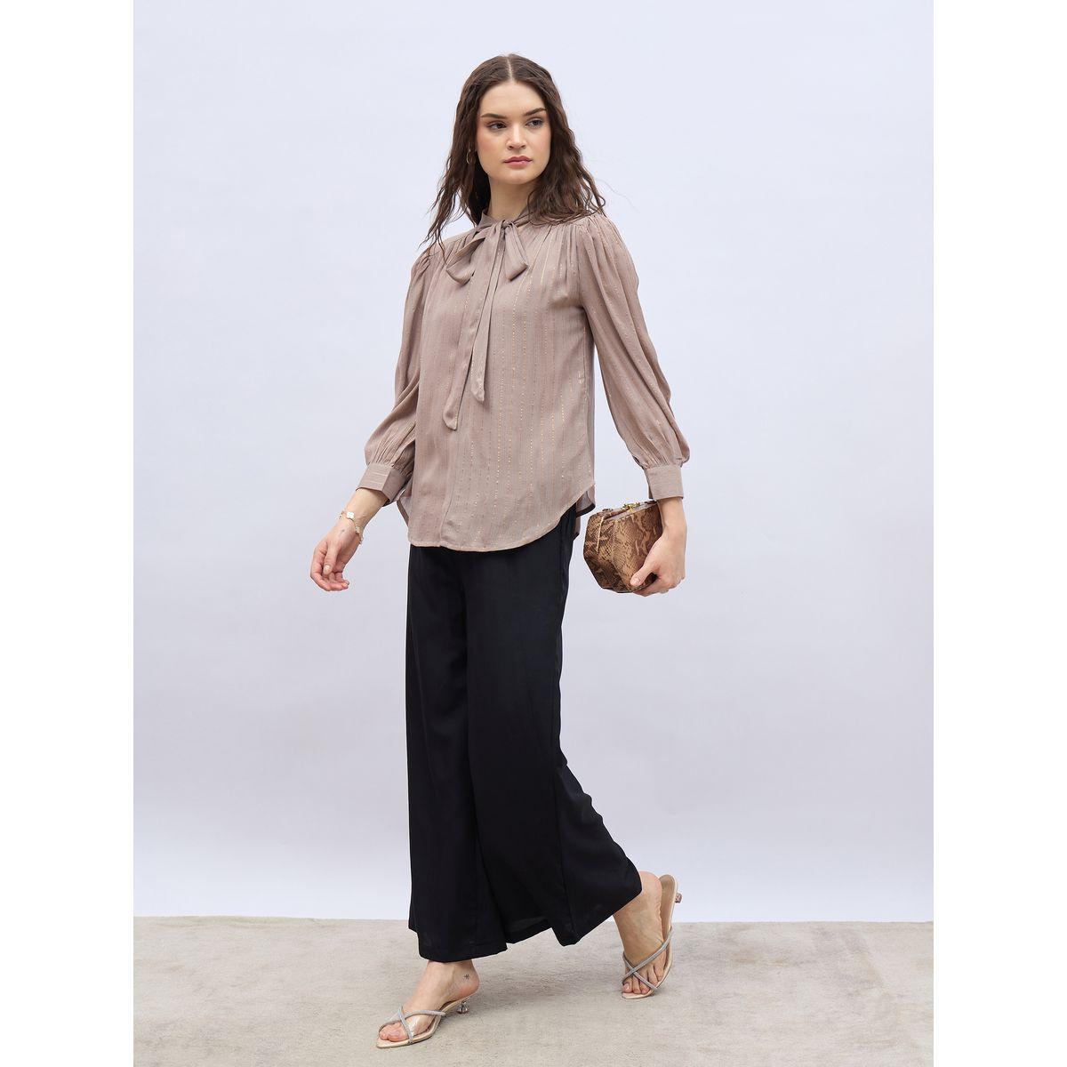 Styli Striped Balloon Sleeve Tie-Up Neck Blouse-women-clothing-shirtsandblouses-blouses-image-1