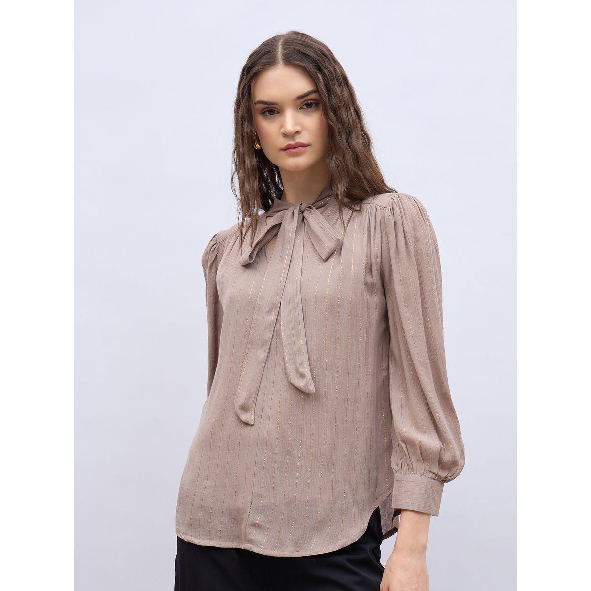 بلوزة مخططة بأكمام بالون مع ياقة بأربطة-women-clothing-shirtsandblouses-blouses-image-2