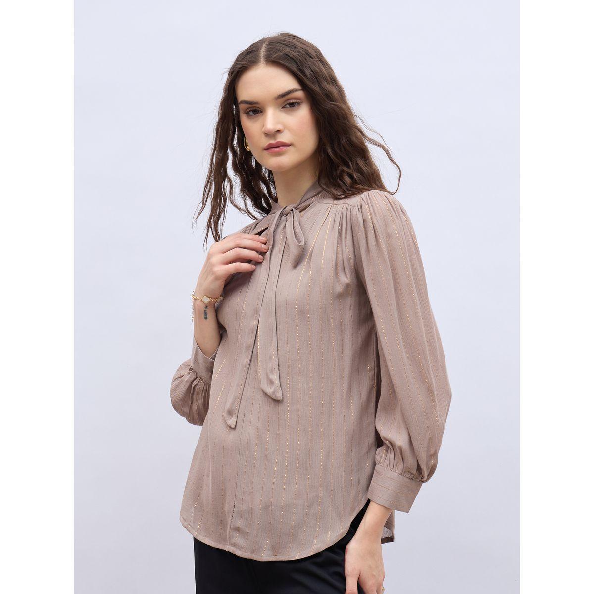 Styli Striped Balloon Sleeve Tie-Up Neck Blouse-women-clothing-shirtsandblouses-blouses-image-3