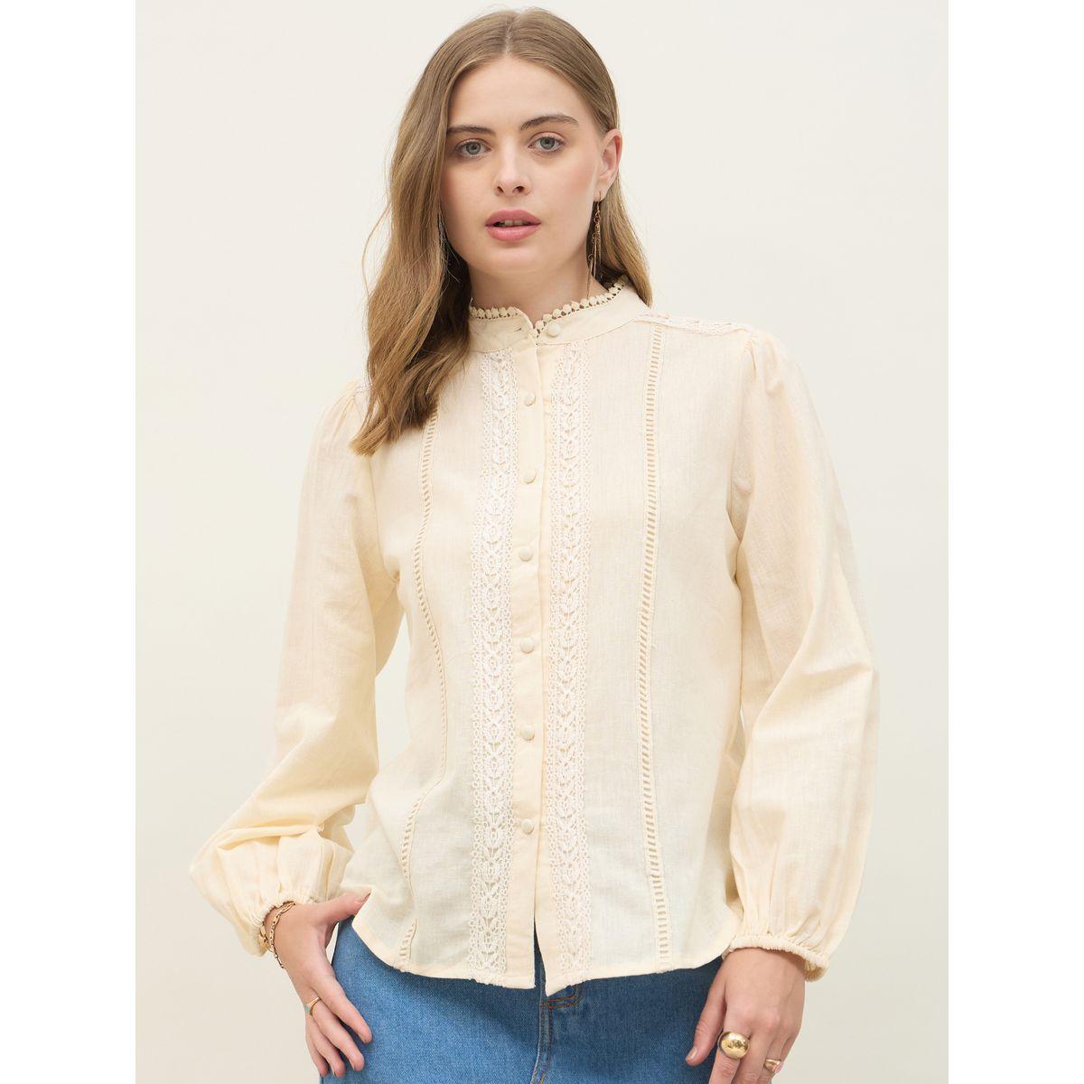 Styli Mandarin Collar Buttoned Lace Insert Top-women-clothing-shirtsandblouses-blouses-image-2