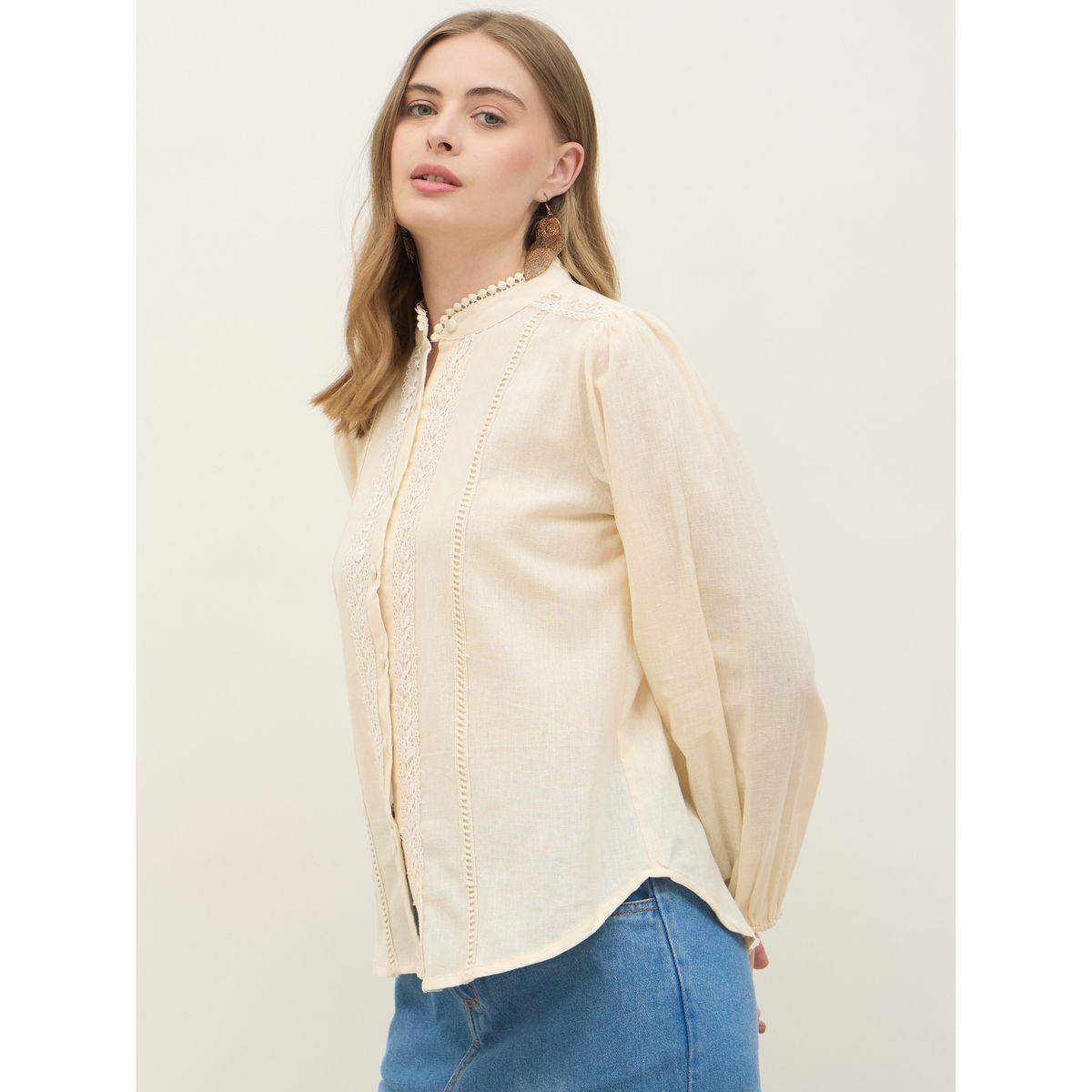 Styli Mandarin Collar Buttoned Lace Insert Top-women-clothing-shirtsandblouses-blouses-image-3