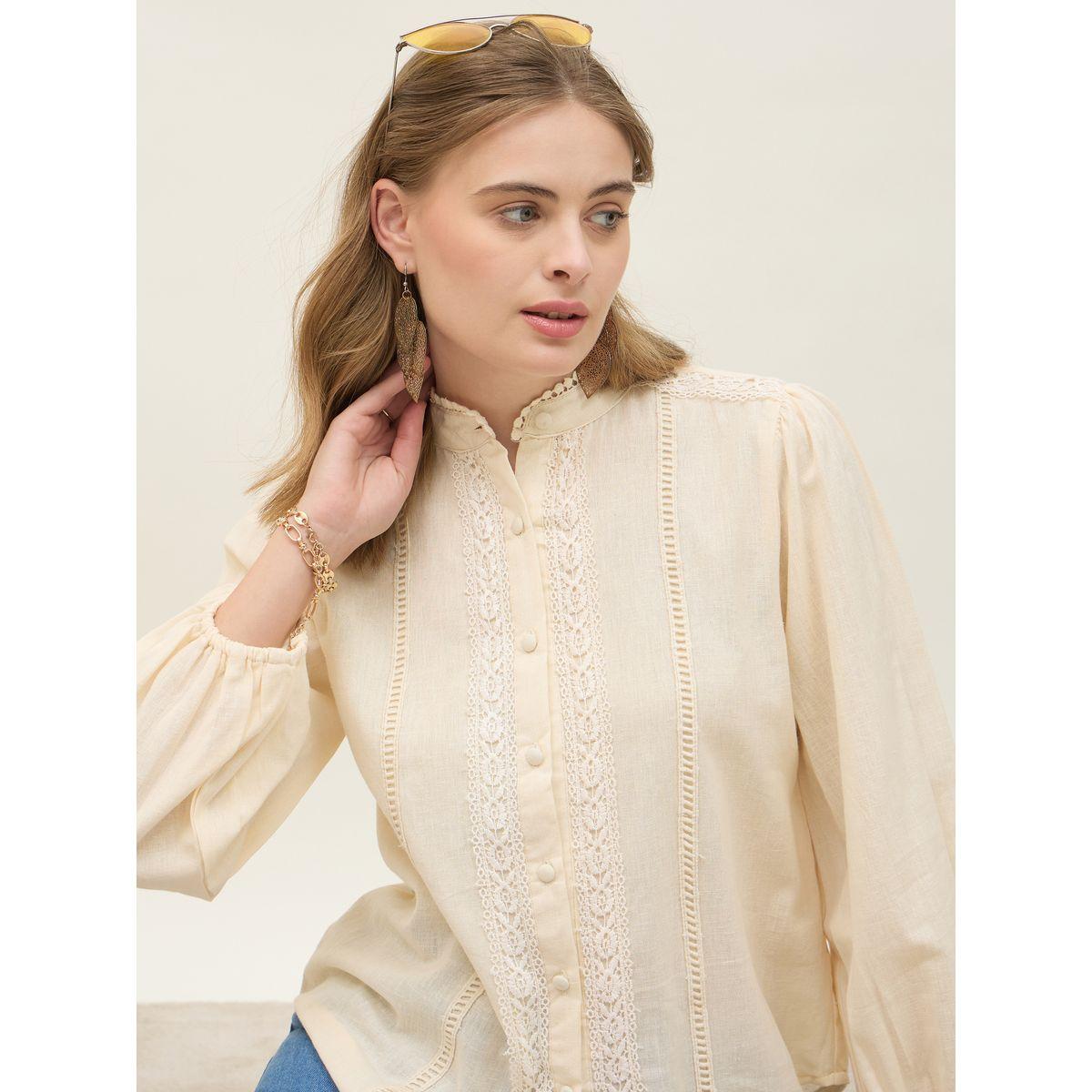Styli Mandarin Collar Buttoned Lace Insert Top-women-clothing-shirtsandblouses-blouses-image-4