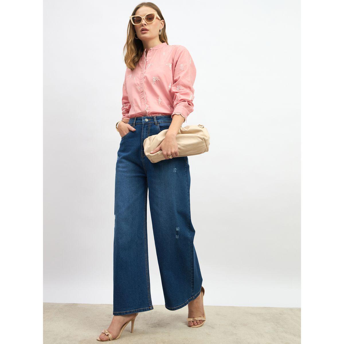 Styli Embroidered Scalloped Detail Mandarin Collar Top-women-clothing-shirtsandblouses-blouses-image-1