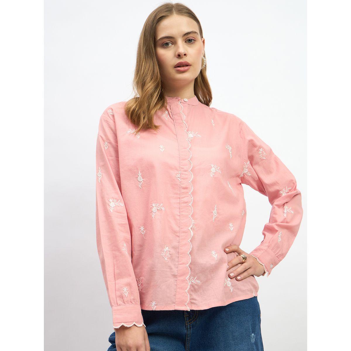 Styli Embroidered Scalloped Detail Mandarin Collar Top-women-clothing-shirtsandblouses-blouses-image-2