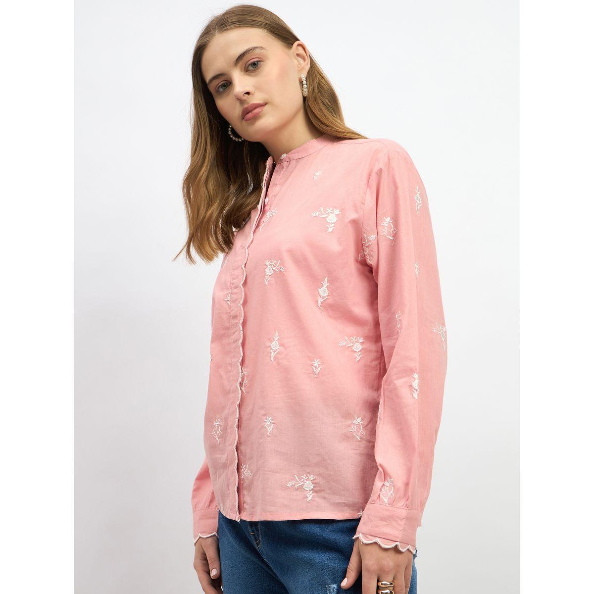 Styli Embroidered Scalloped Detail Mandarin Collar Top-women-clothing-shirtsandblouses-blouses-image-3