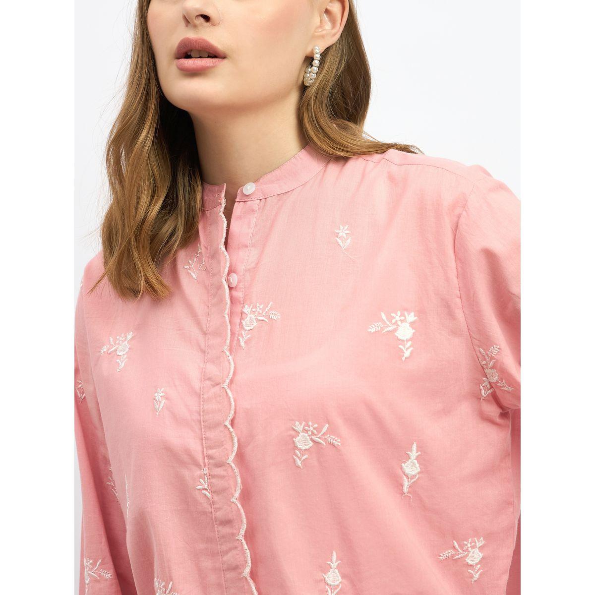 Styli Embroidered Scalloped Detail Mandarin Collar Top-women-clothing-shirtsandblouses-blouses-image-4
