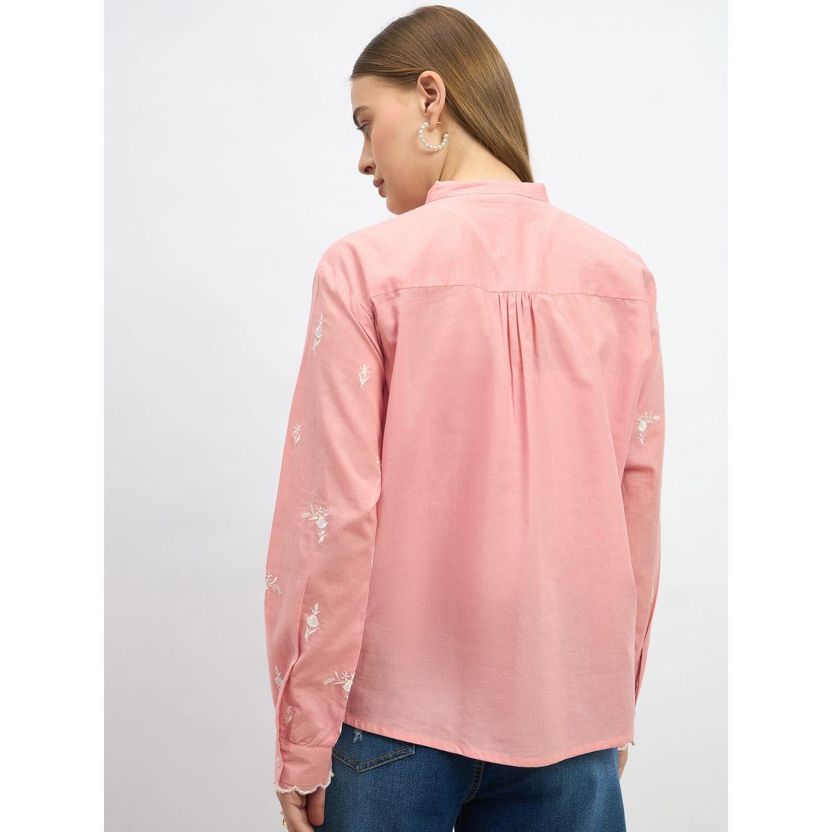 Styli Embroidered Scalloped Detail Mandarin Collar Top-women-clothing-shirtsandblouses-blouses-image-5