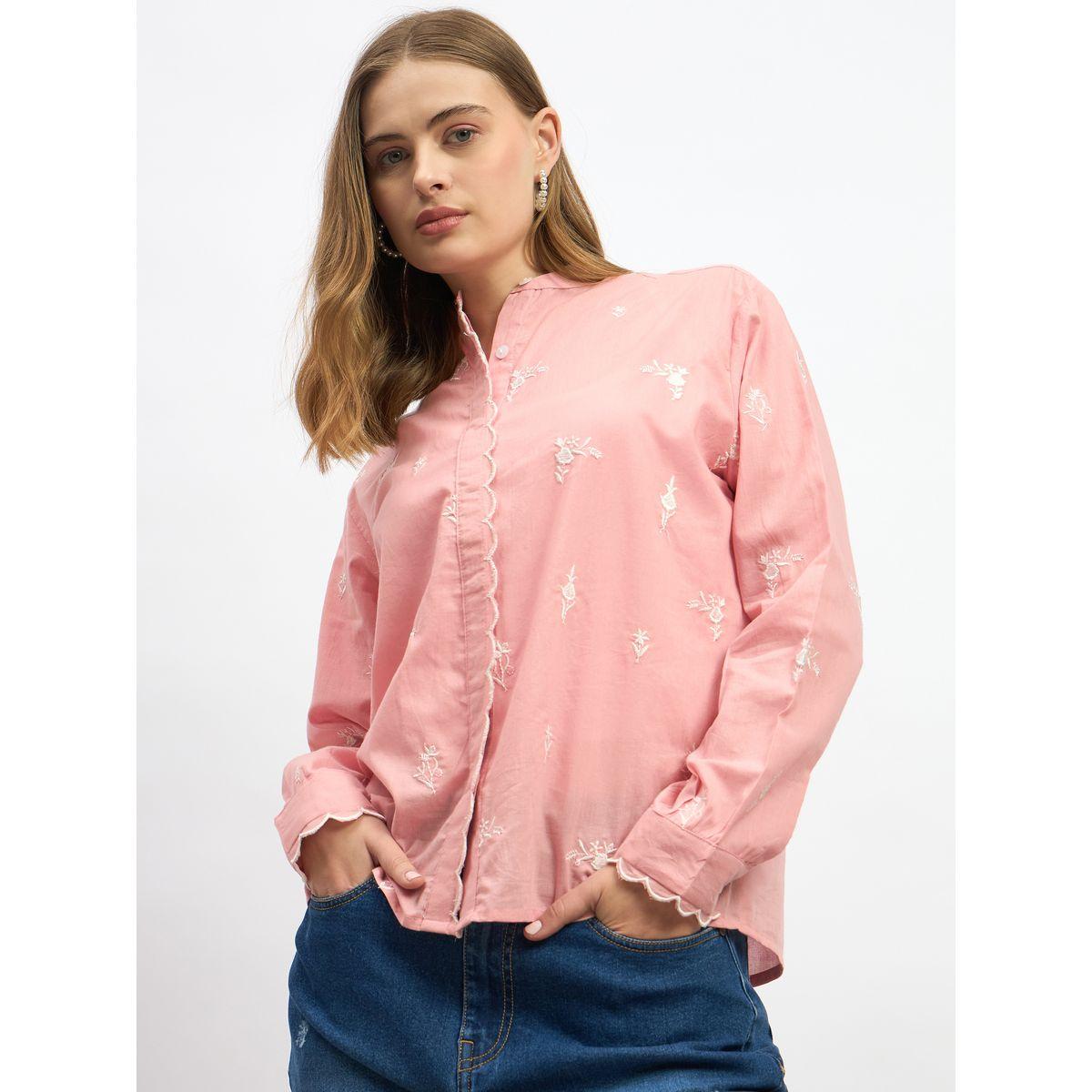 Styli Embroidered Scalloped Detail Mandarin Collar Top-women-clothing-shirtsandblouses-blouses-image-6