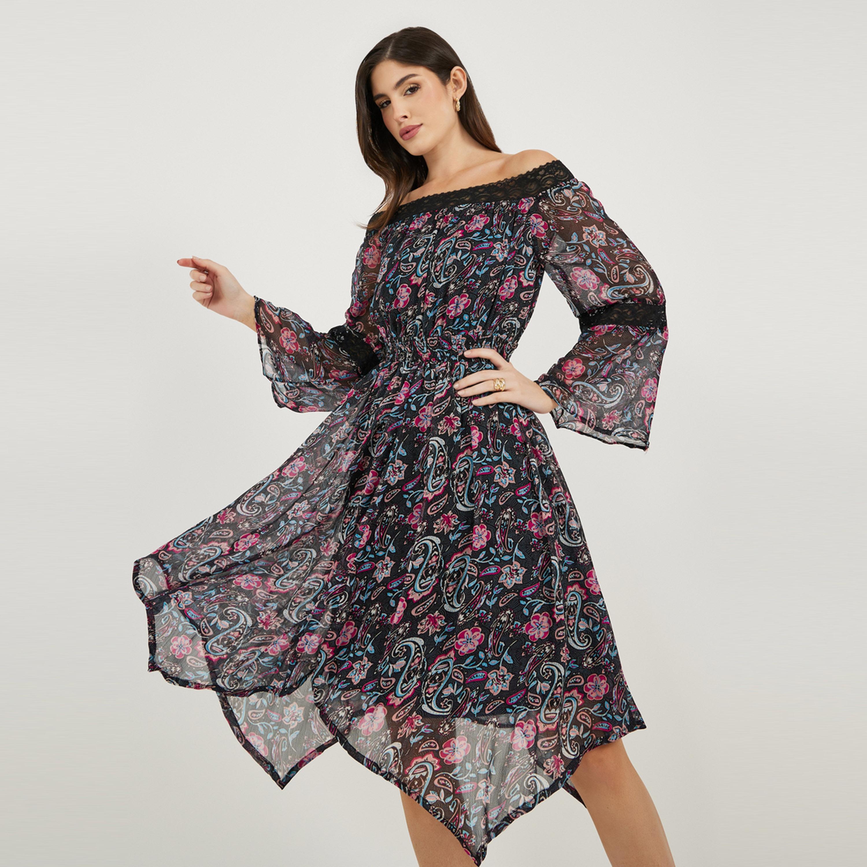 Styli Paisley Print Off Shoulder Asymmetric Hem Midi Dress-women-clothing-dresses-image-1