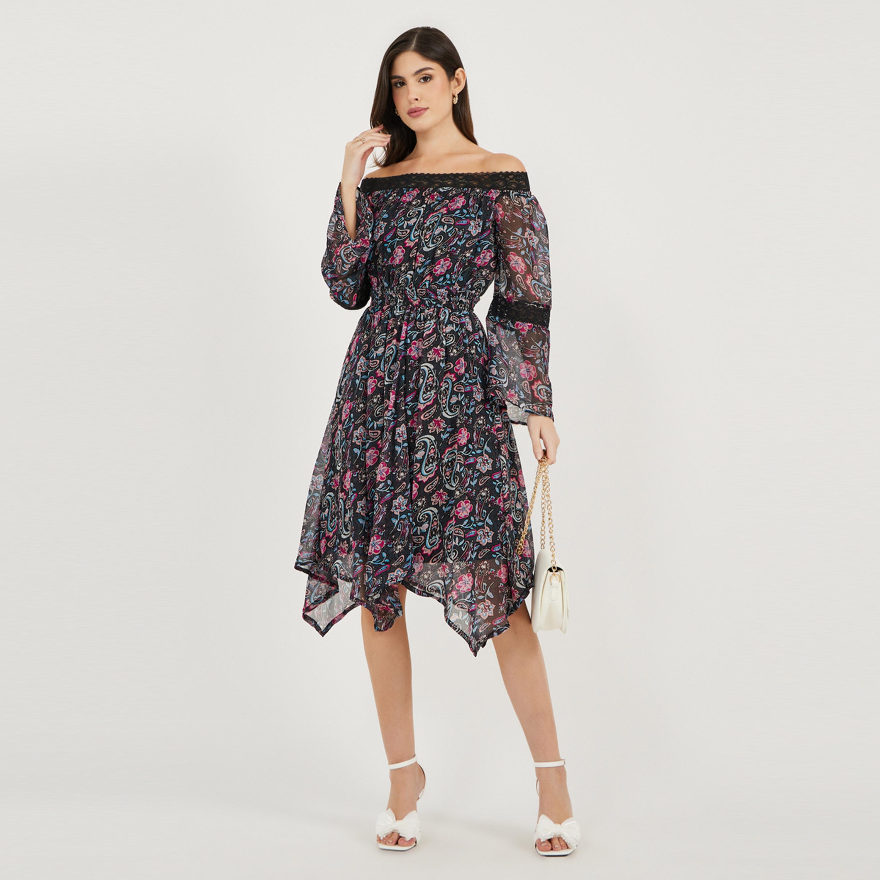 Styli Paisley Print Off Shoulder Asymmetric Hem Midi Dress-women-clothing-dresses-image-2