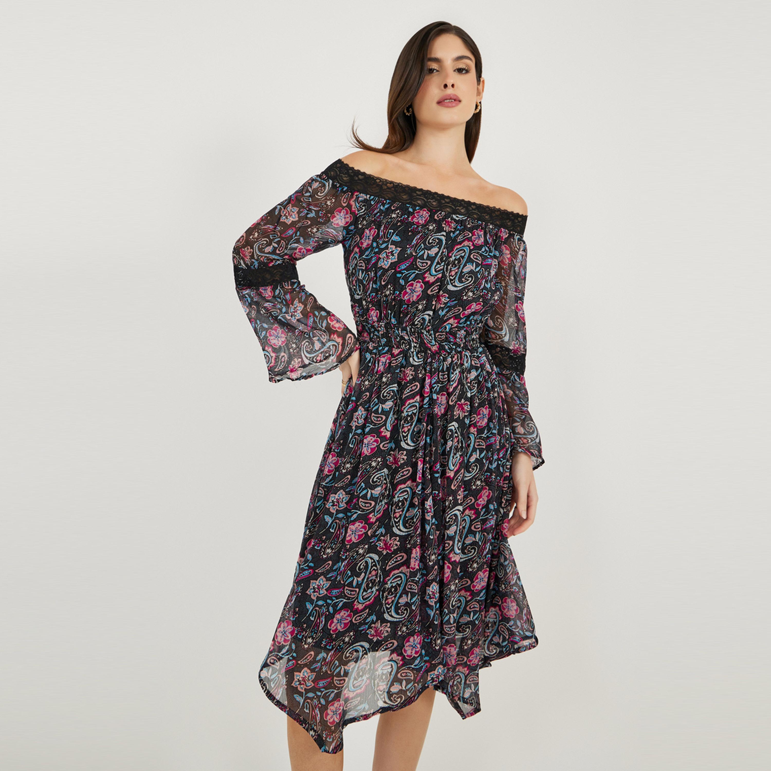 Styli Paisley Print Off Shoulder Asymmetric Hem Midi Dress-women-clothing-dresses-image-3