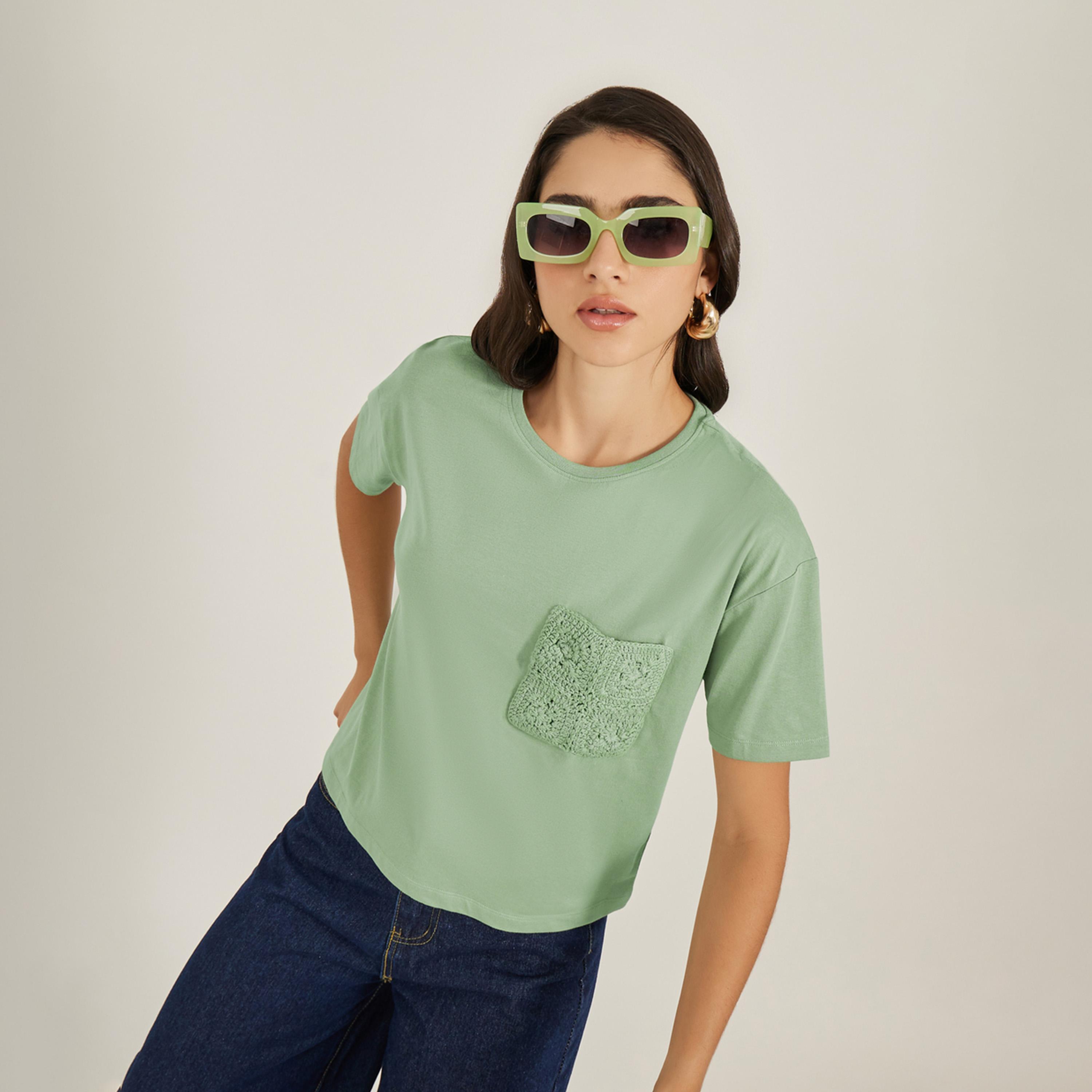 Styli Crochet Pocket Round Neck Short Sleeve T-Shirt-women-clothing-tshirts-image-1