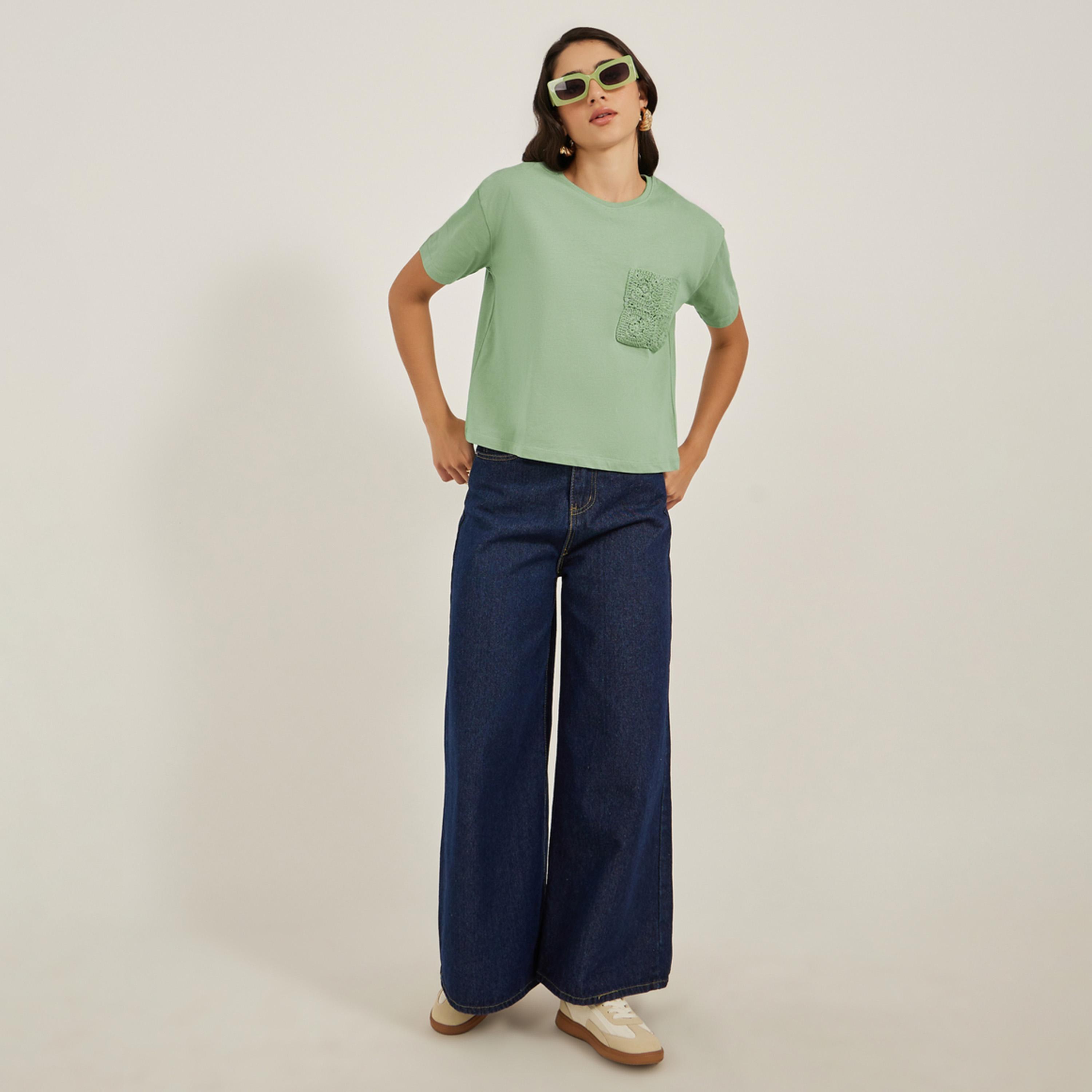 Styli Crochet Pocket Round Neck Short Sleeve T-Shirt-women-clothing-tshirts-image-2