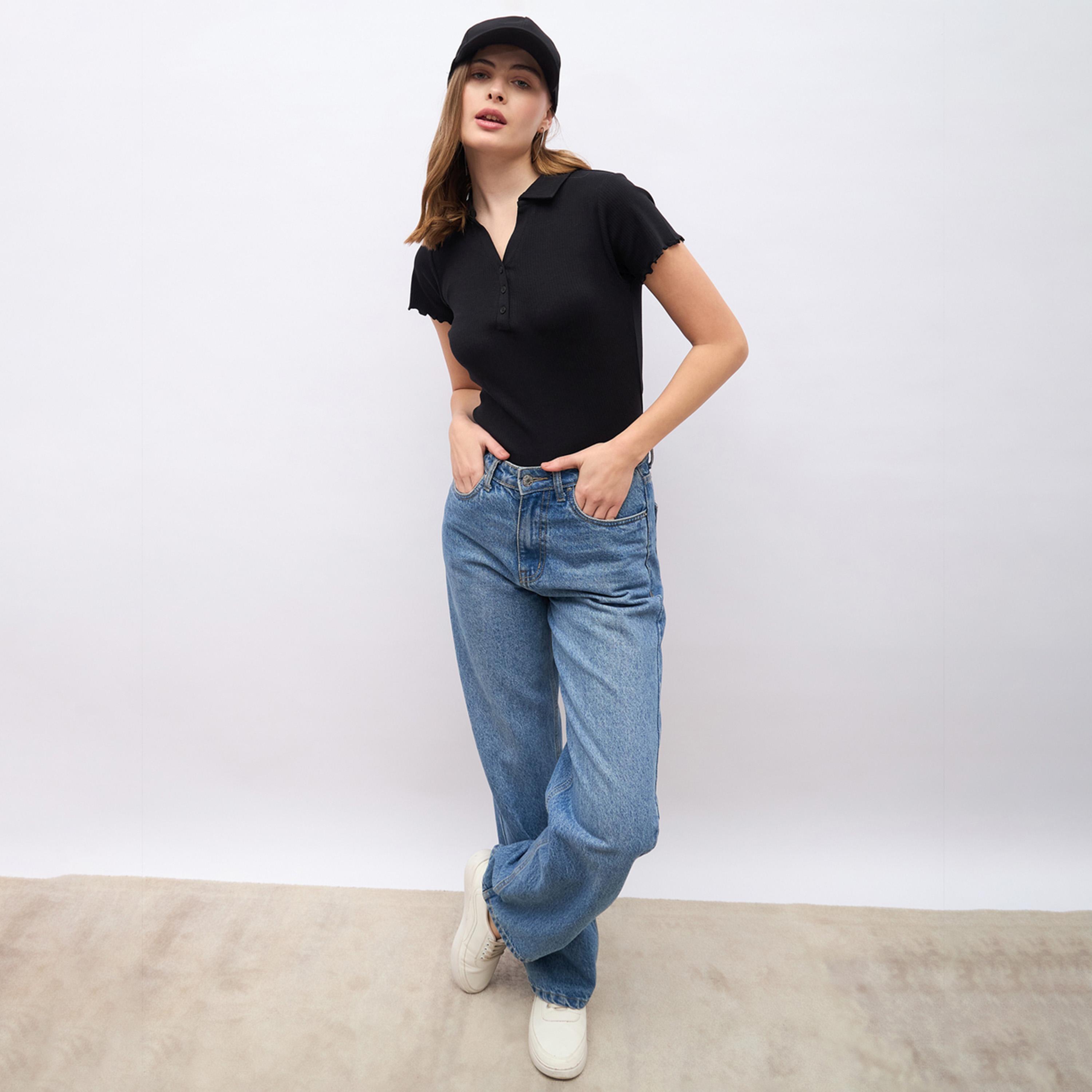 ستايلي - تي شيرت بولو بقصّة عادية وحافة متعرجة-women-clothing-tshirts-image-1