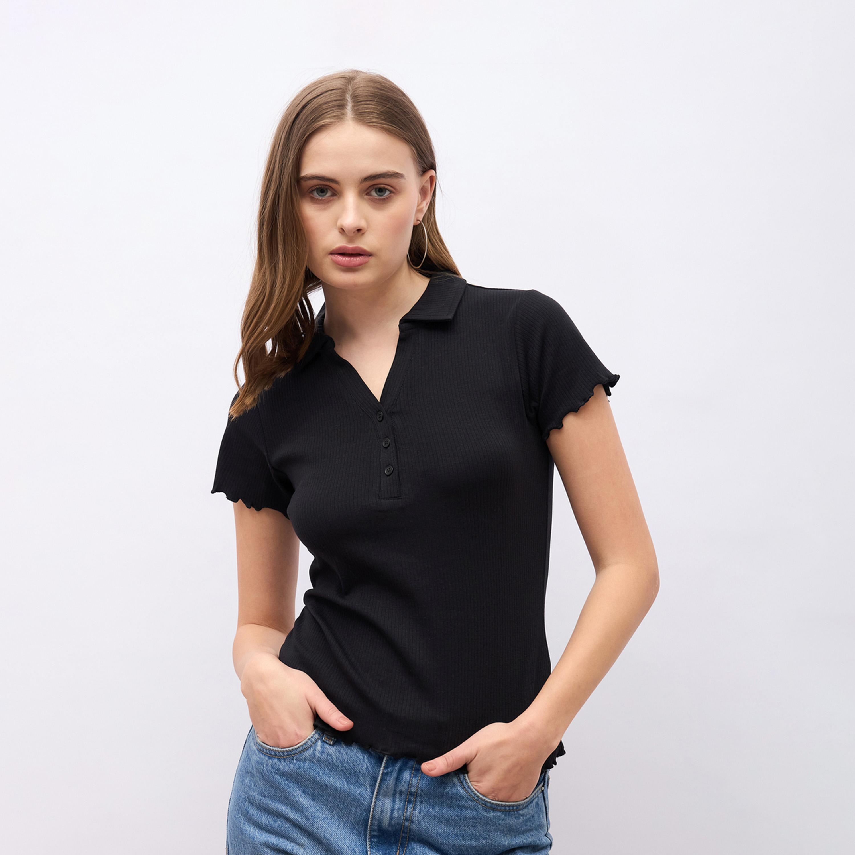 Styli Ribbed Lettuce Edge Detail Regular Fit Polo T-Shirt-women-clothing-tshirts-image-2