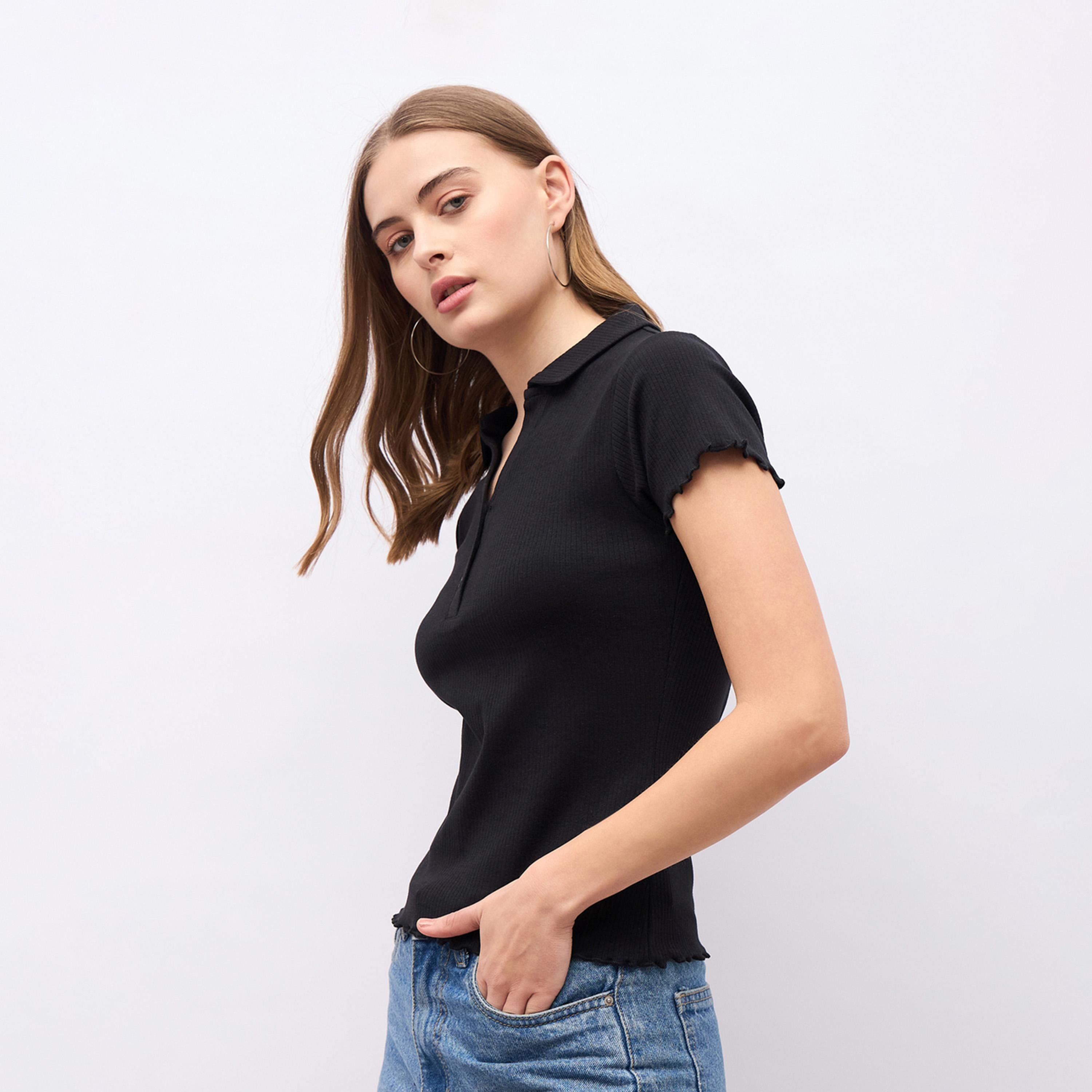 Styli Ribbed Lettuce Edge Detail Regular Fit Polo T-Shirt-women-clothing-tshirts-image-3