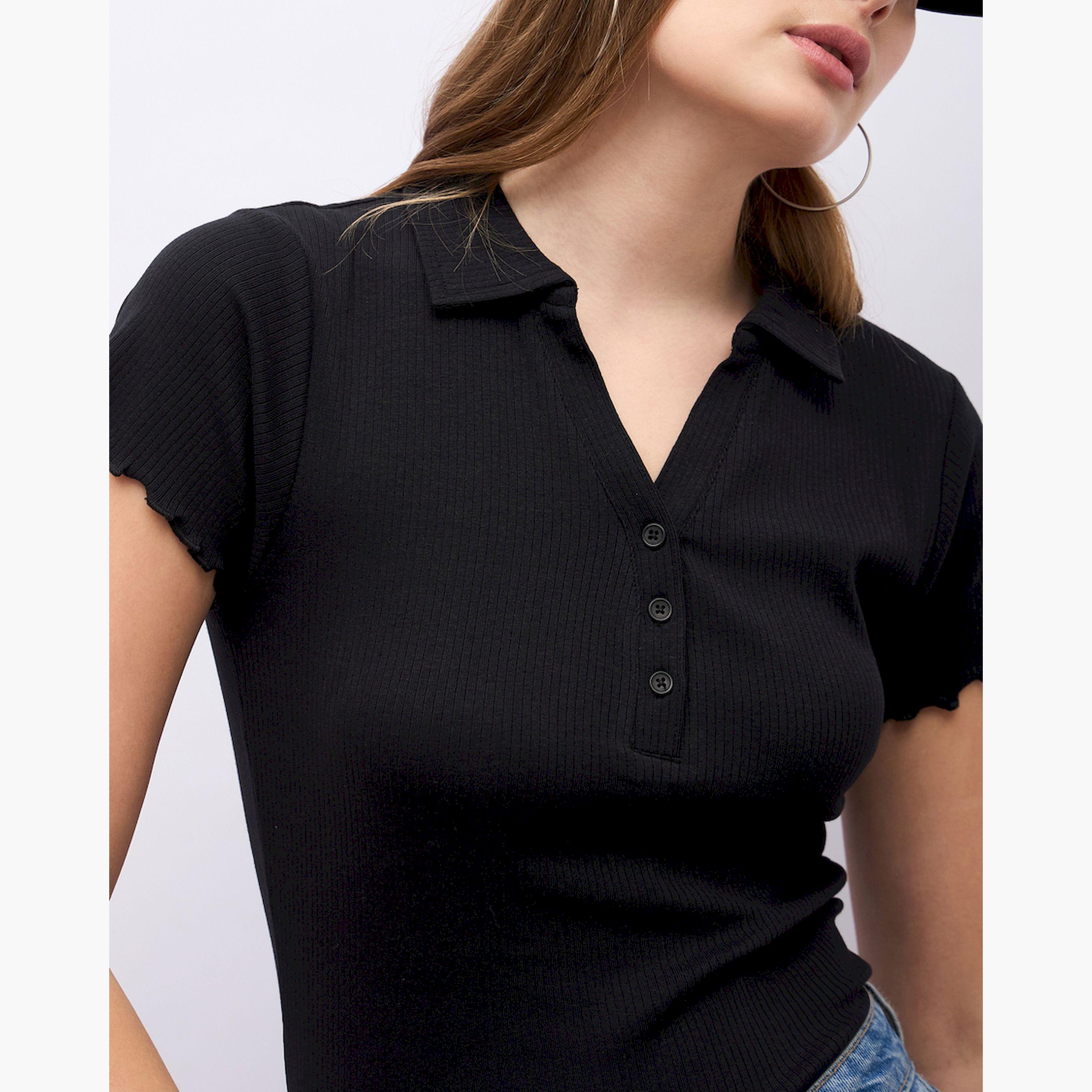 Styli Ribbed Lettuce Edge Detail Regular Fit Polo T-Shirt-women-clothing-tshirts-image-4