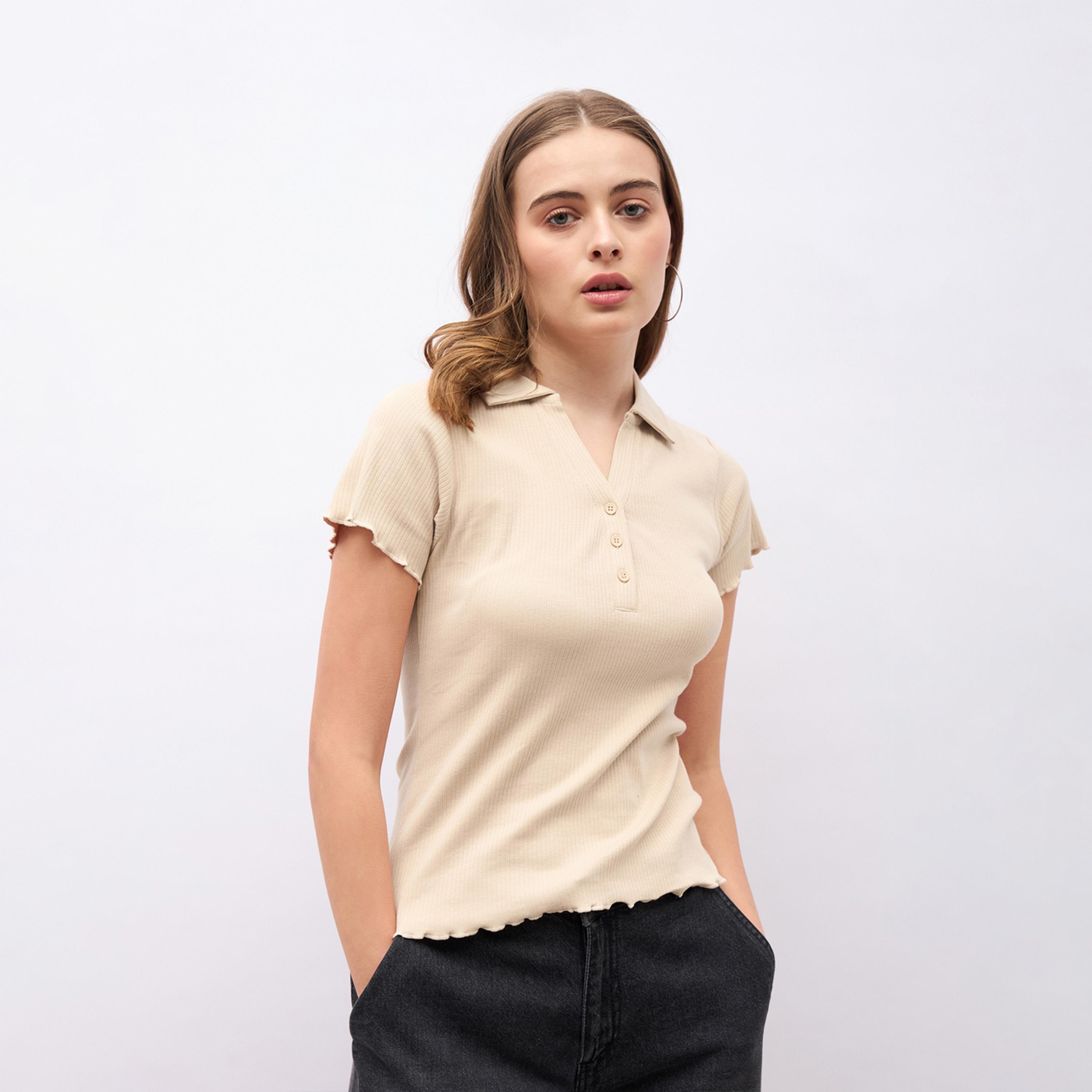 Styli Ribbed Lettuce Edge Detail Regular Fit Polo T-Shirt-women-clothing-tshirts-image-2