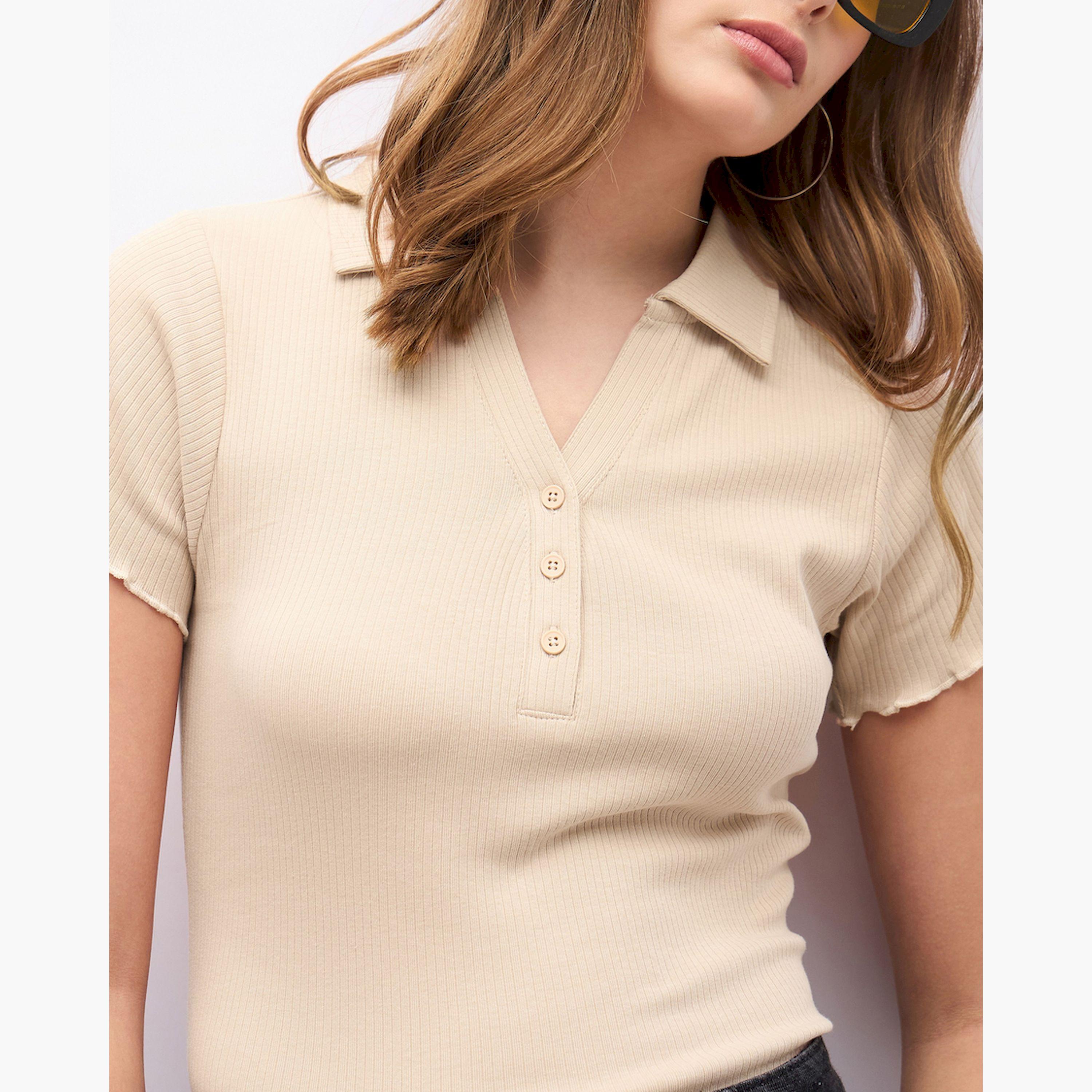 Styli Ribbed Lettuce Edge Detail Regular Fit Polo T-Shirt-women-clothing-tshirts-image-4