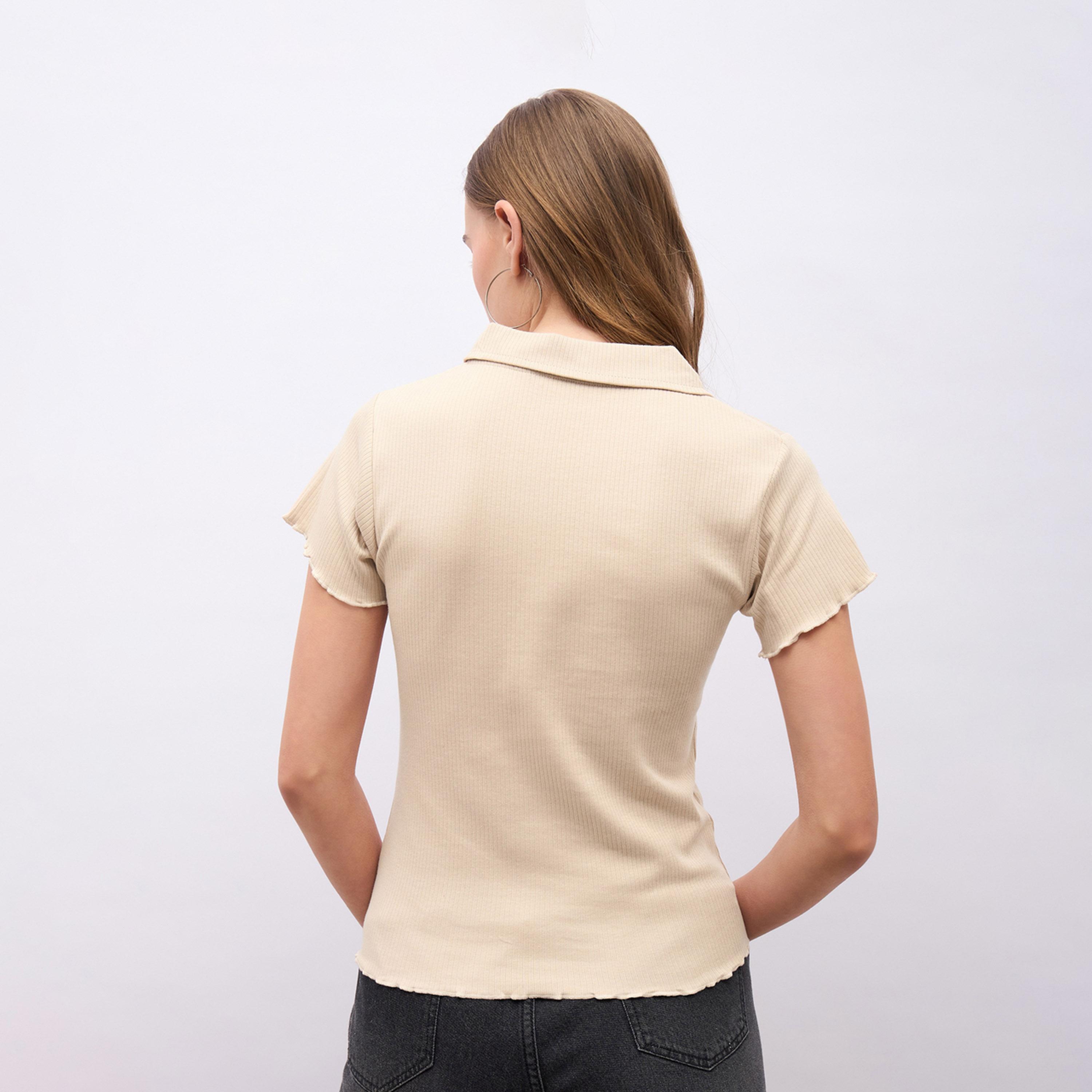 Styli Ribbed Lettuce Edge Detail Regular Fit Polo T-Shirt-women-clothing-tshirts-image-5