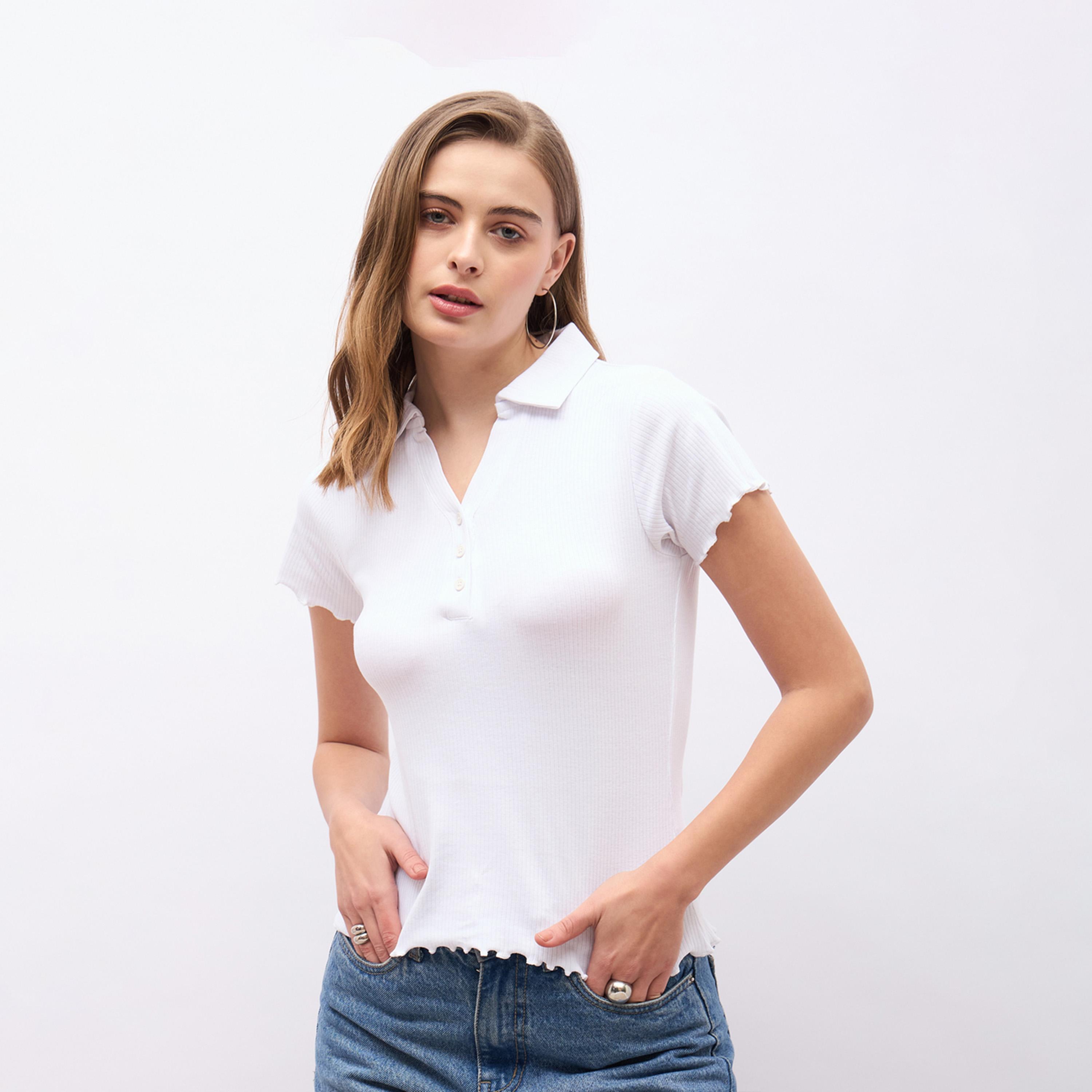 Styli Ribbed Lettuce Edge Detail Regular Fit Polo T-Shirt-women-clothing-tshirts-image-2