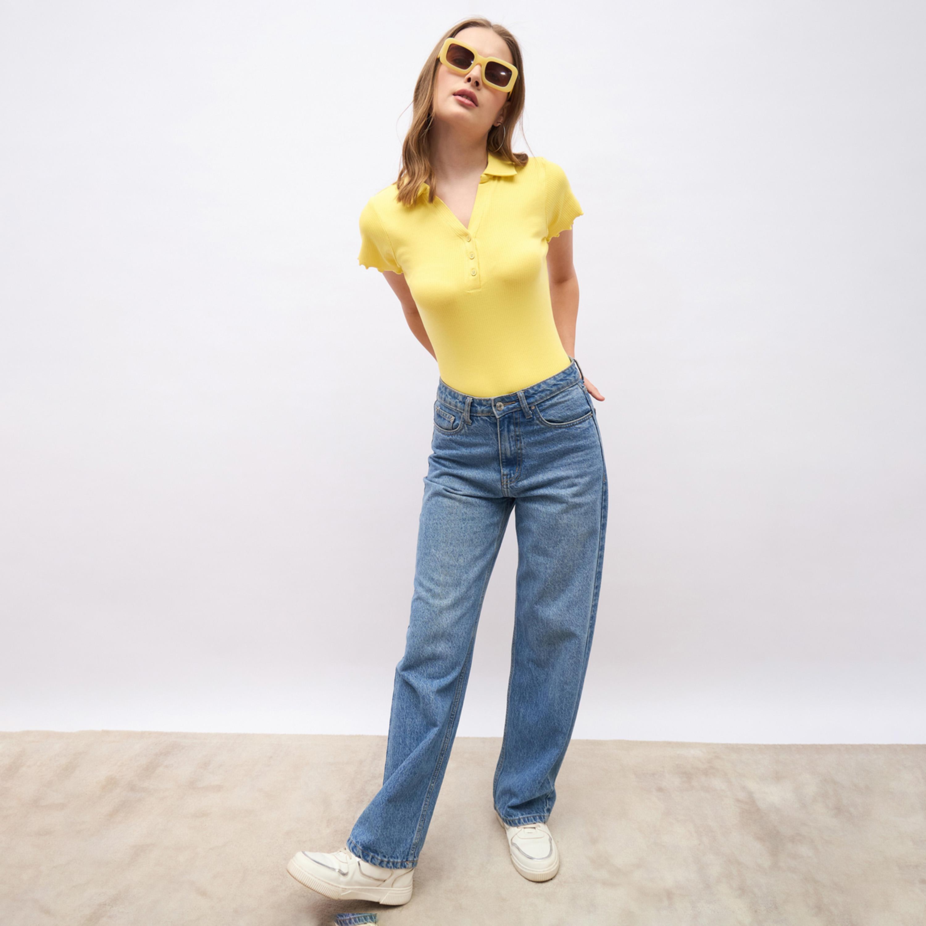 Styli Ribbed Lettuce Edge Detail Regular Fit Polo T-Shirt-women-clothing-tshirts-image-1