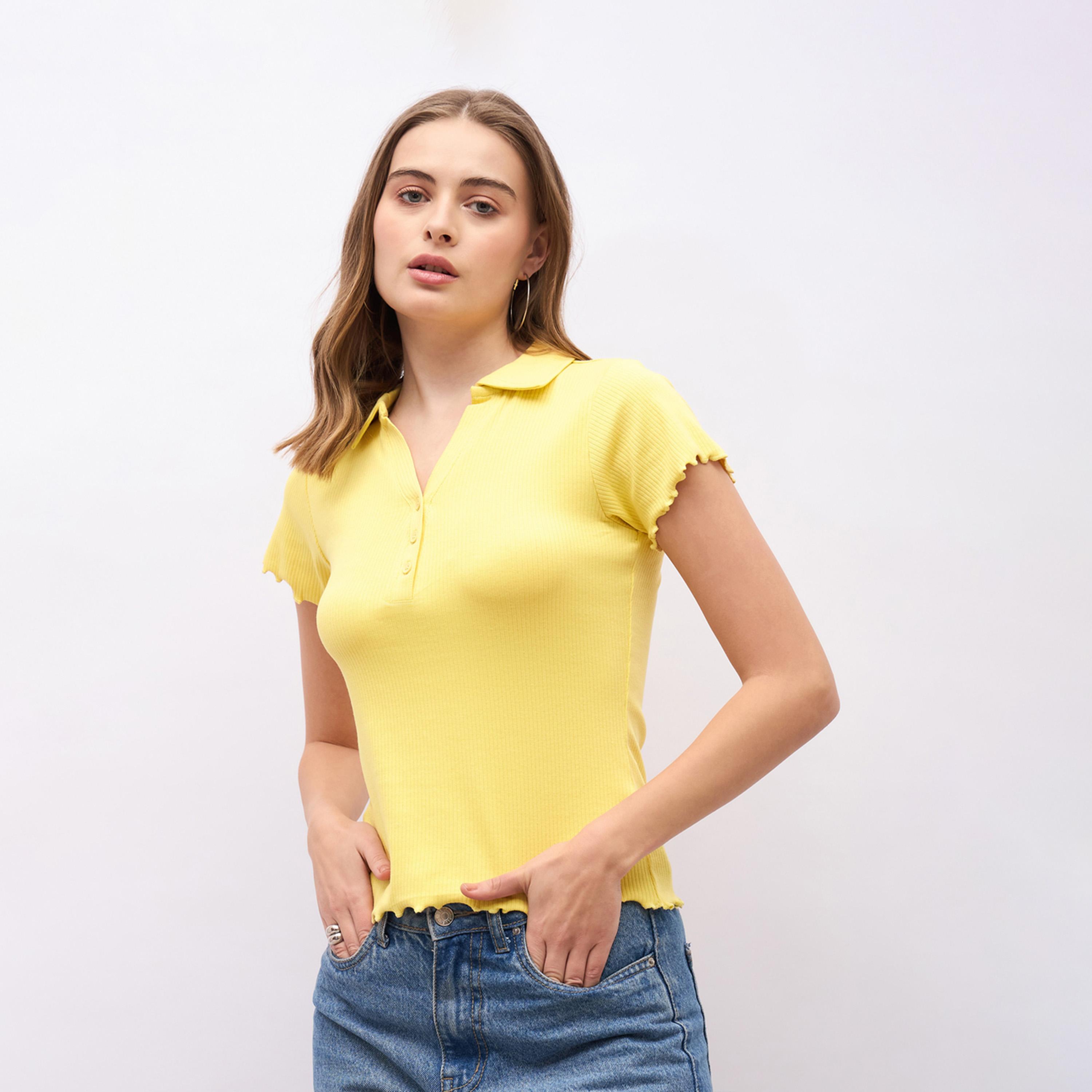 Styli Ribbed Lettuce Edge Detail Regular Fit Polo T-Shirt-women-clothing-tshirts-image-2