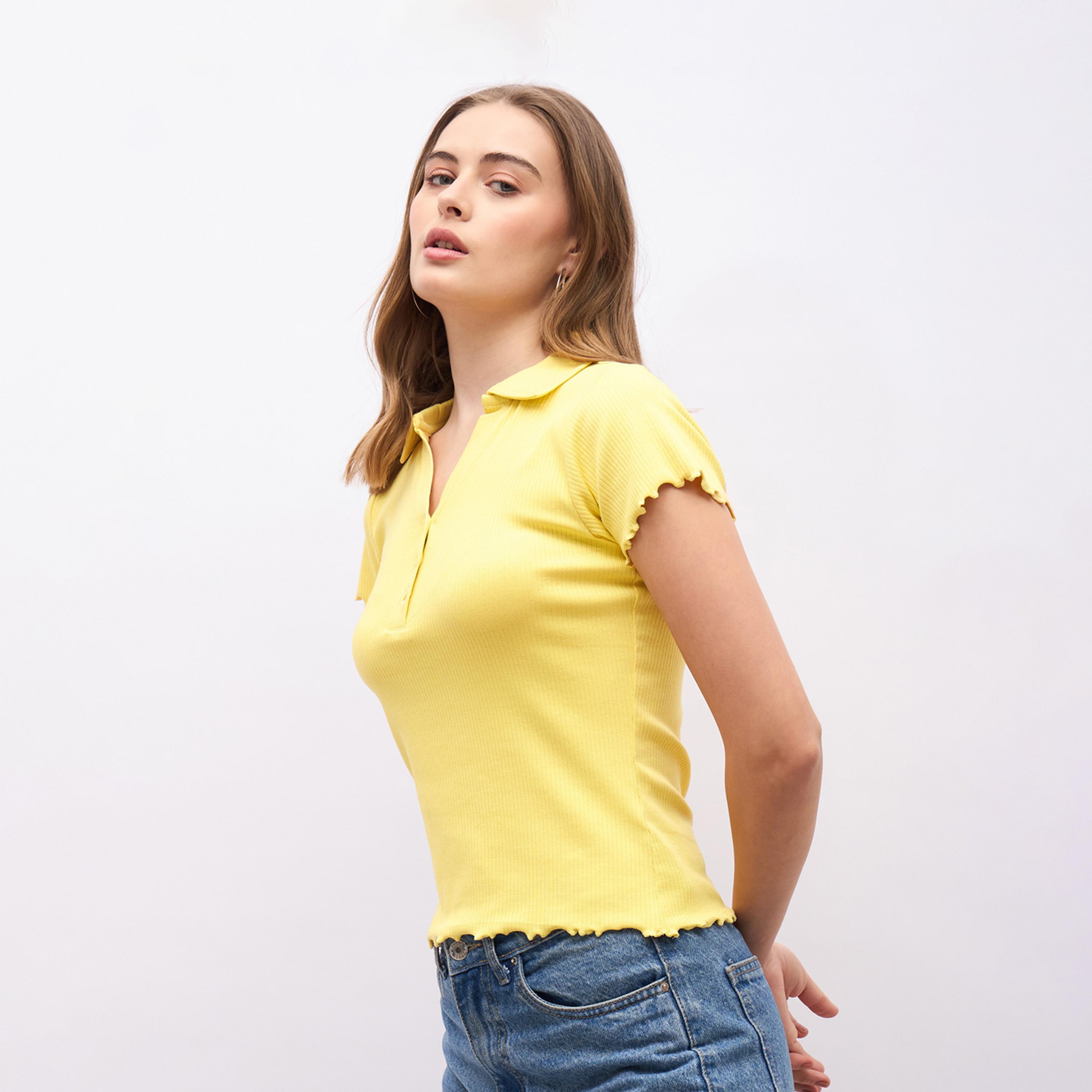 Styli Ribbed Lettuce Edge Detail Regular Fit Polo T-Shirt-women-clothing-tshirts-image-3