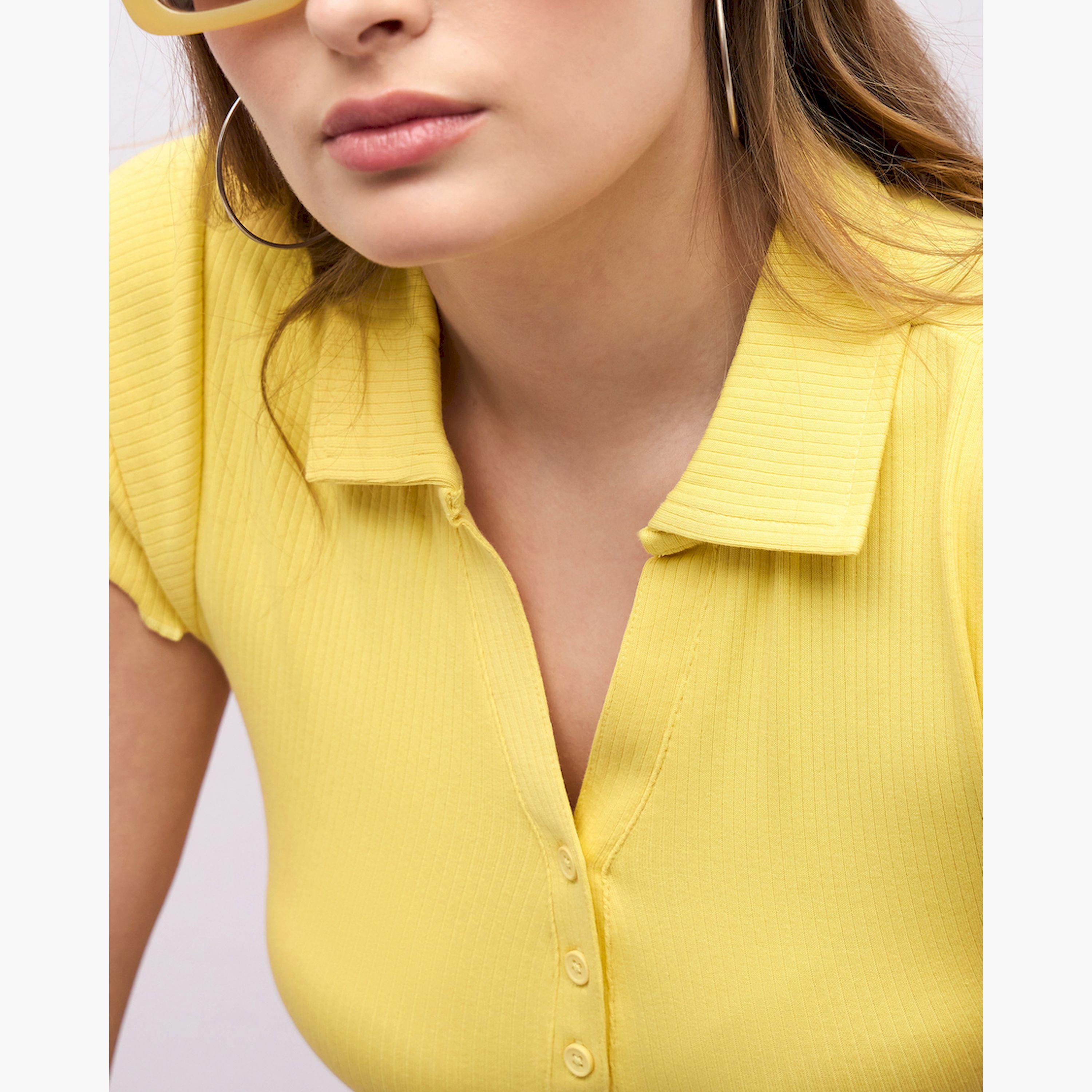 Styli Ribbed Lettuce Edge Detail Regular Fit Polo T-Shirt-women-clothing-tshirts-image-4