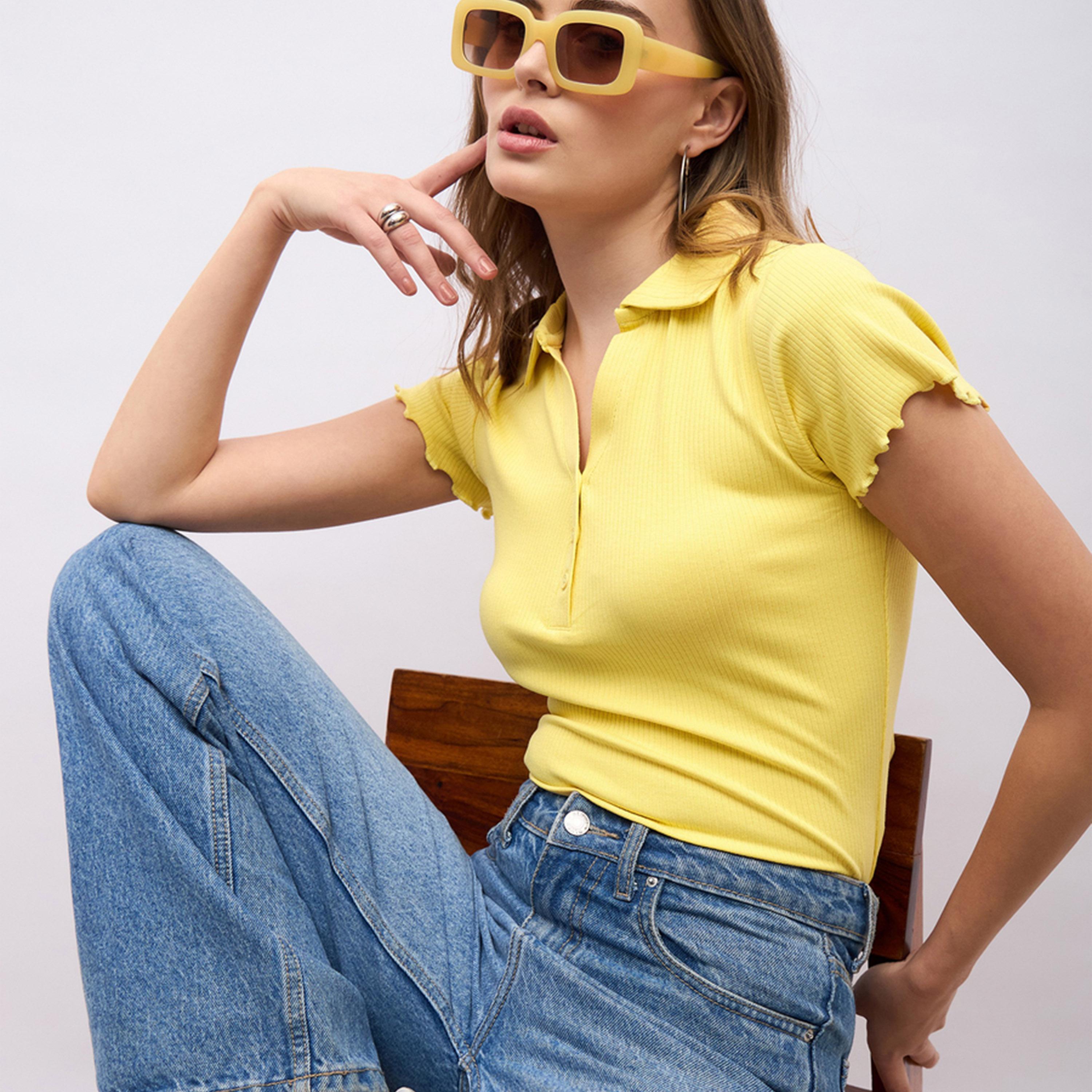 Styli Ribbed Lettuce Edge Detail Regular Fit Polo T-Shirt-women-clothing-tshirts-image-6
