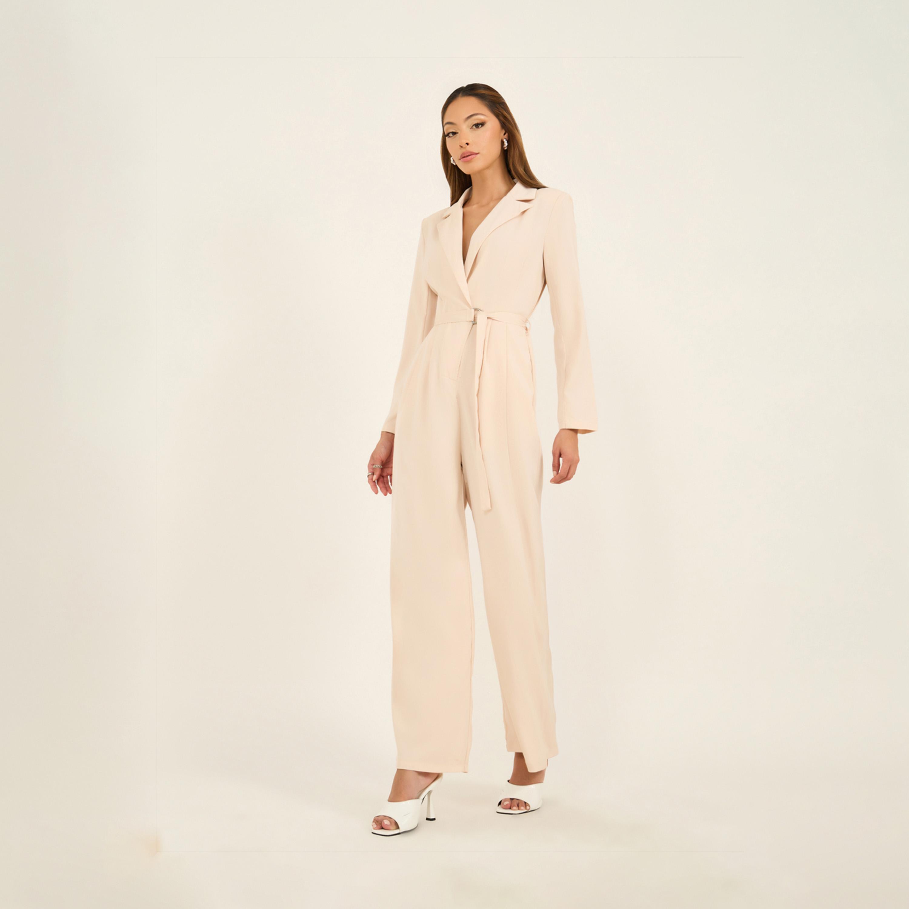 ستايلي - جمبسوت بقصة ساق مستقيمة وياقة مطوية وحزام-women-clothing-jumpsuits-image-1