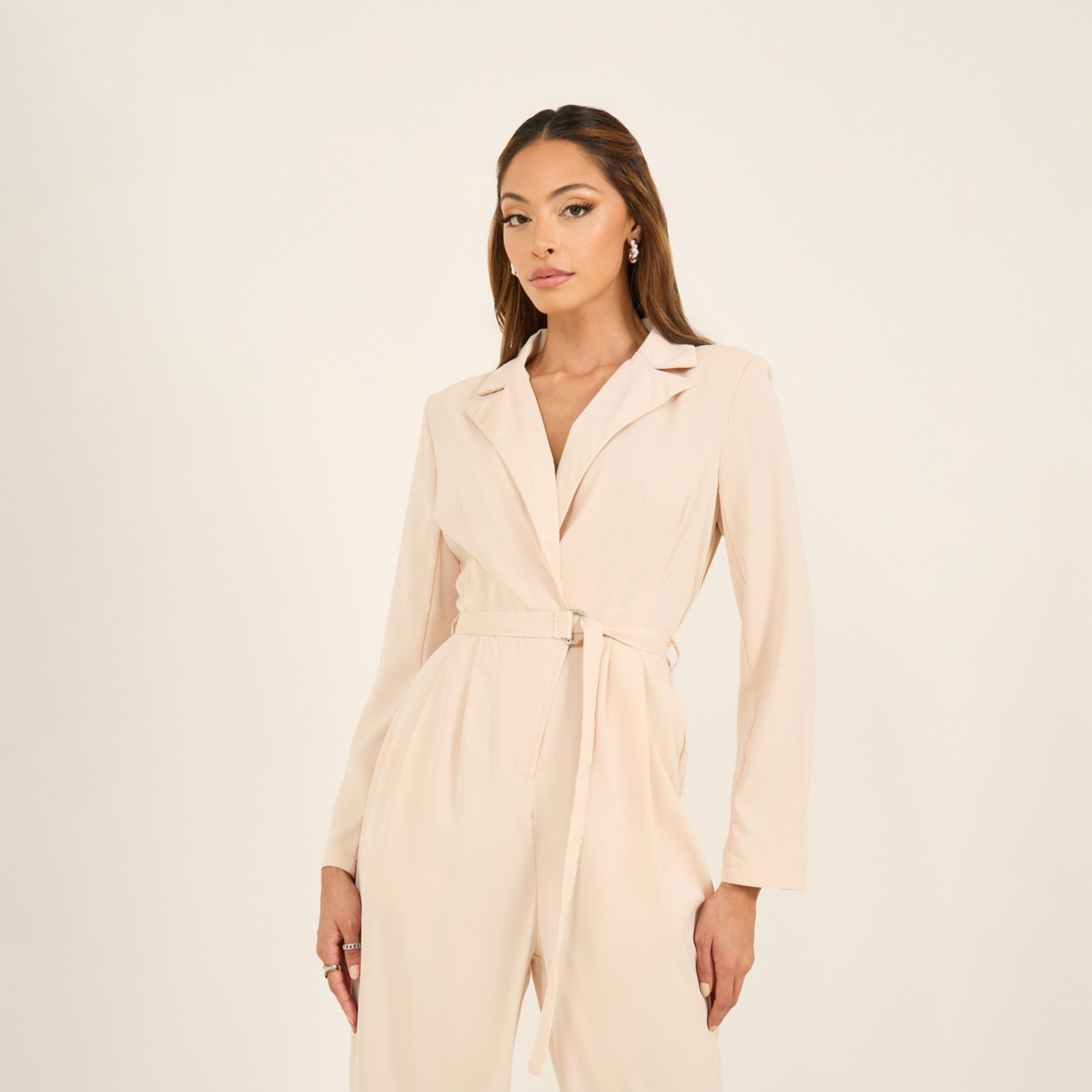 ستايلي - جمبسوت بقصة ساق مستقيمة وياقة مطوية وحزام-women-clothing-jumpsuits-image-2