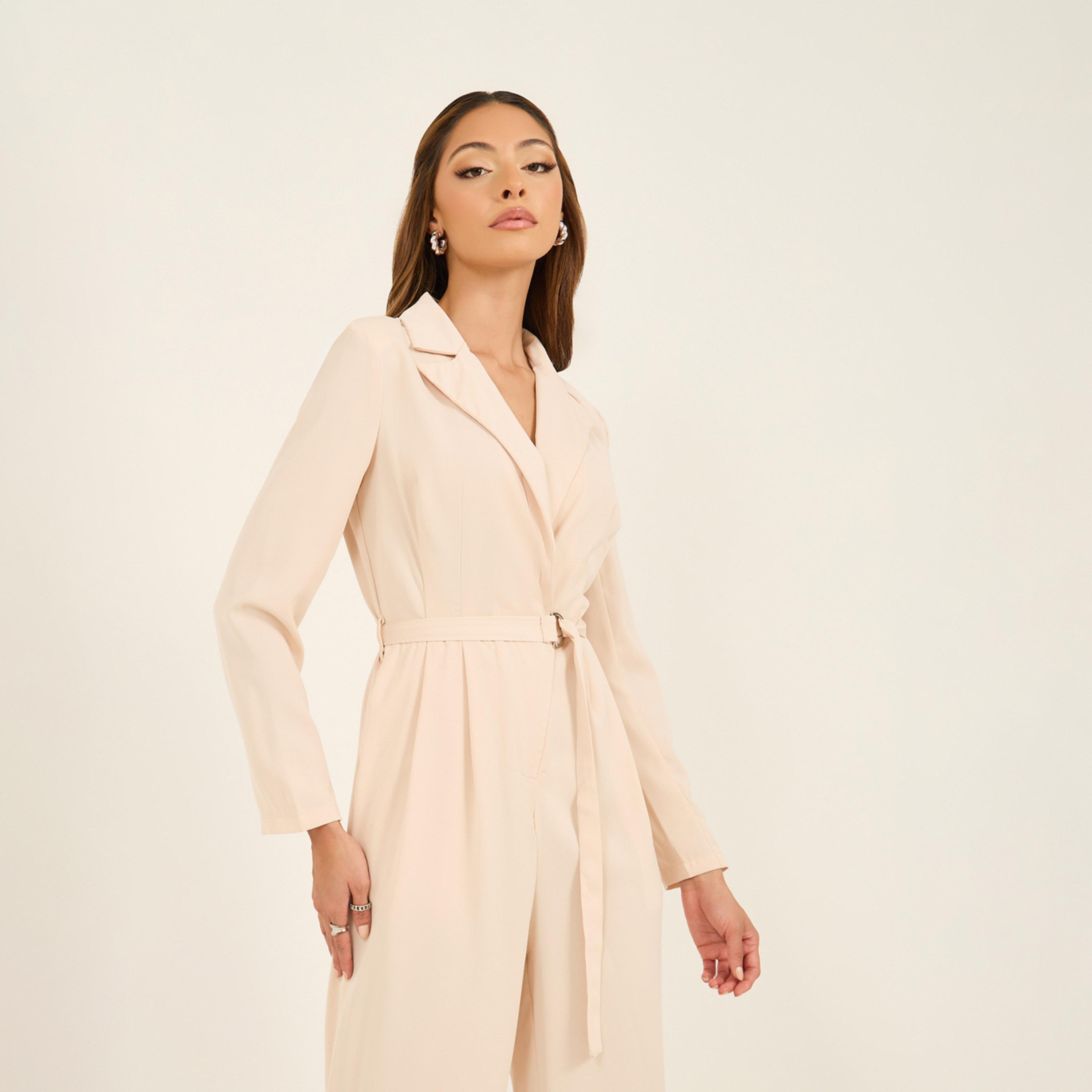ستايلي - جمبسوت بقصة ساق مستقيمة وياقة مطوية وحزام-women-clothing-jumpsuits-image-3
