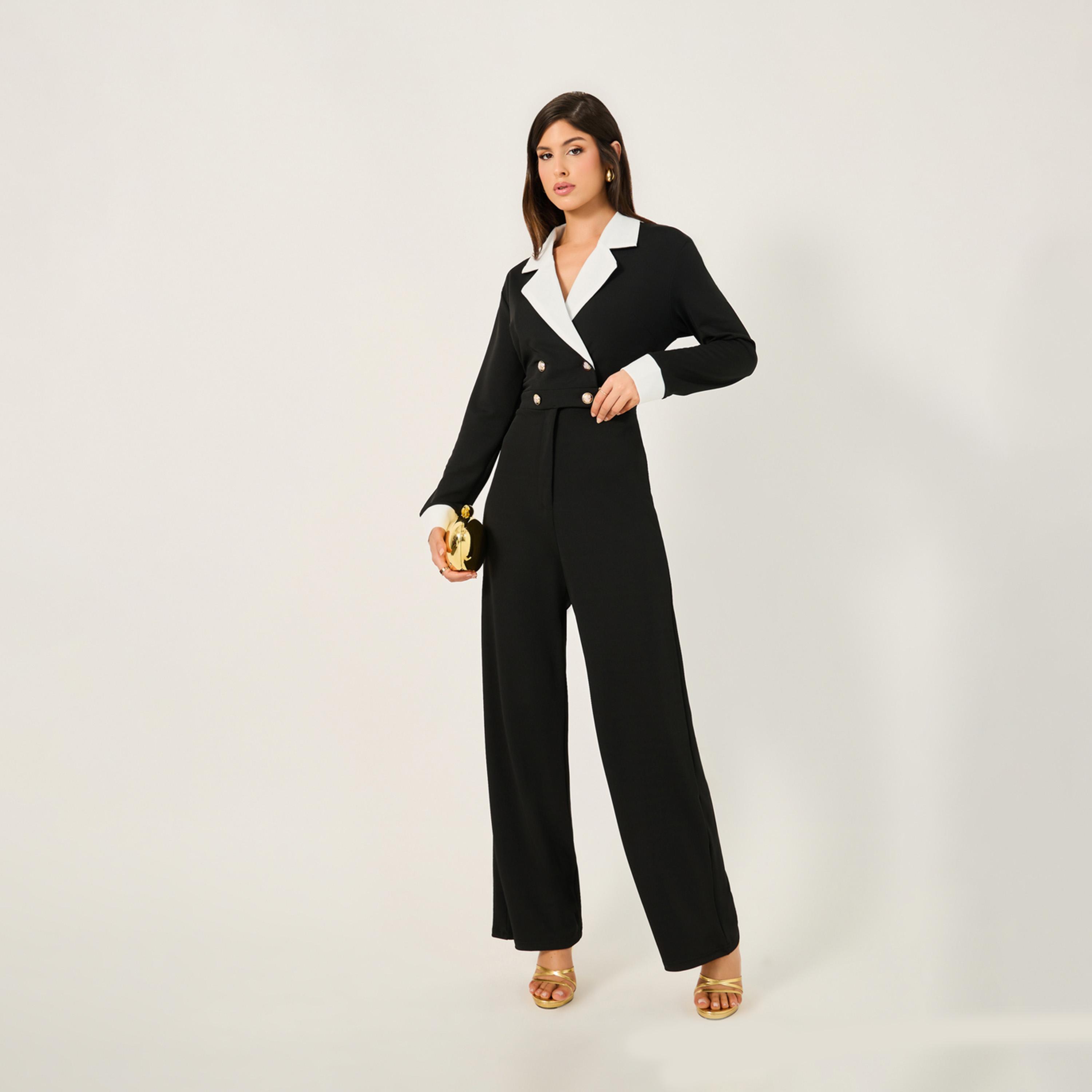ستايلي - جمبسوت بقصّة ساق مستقيمة مزدوجة الصدر مع حواف متباينة-women-clothing-jumpsuits-image-1