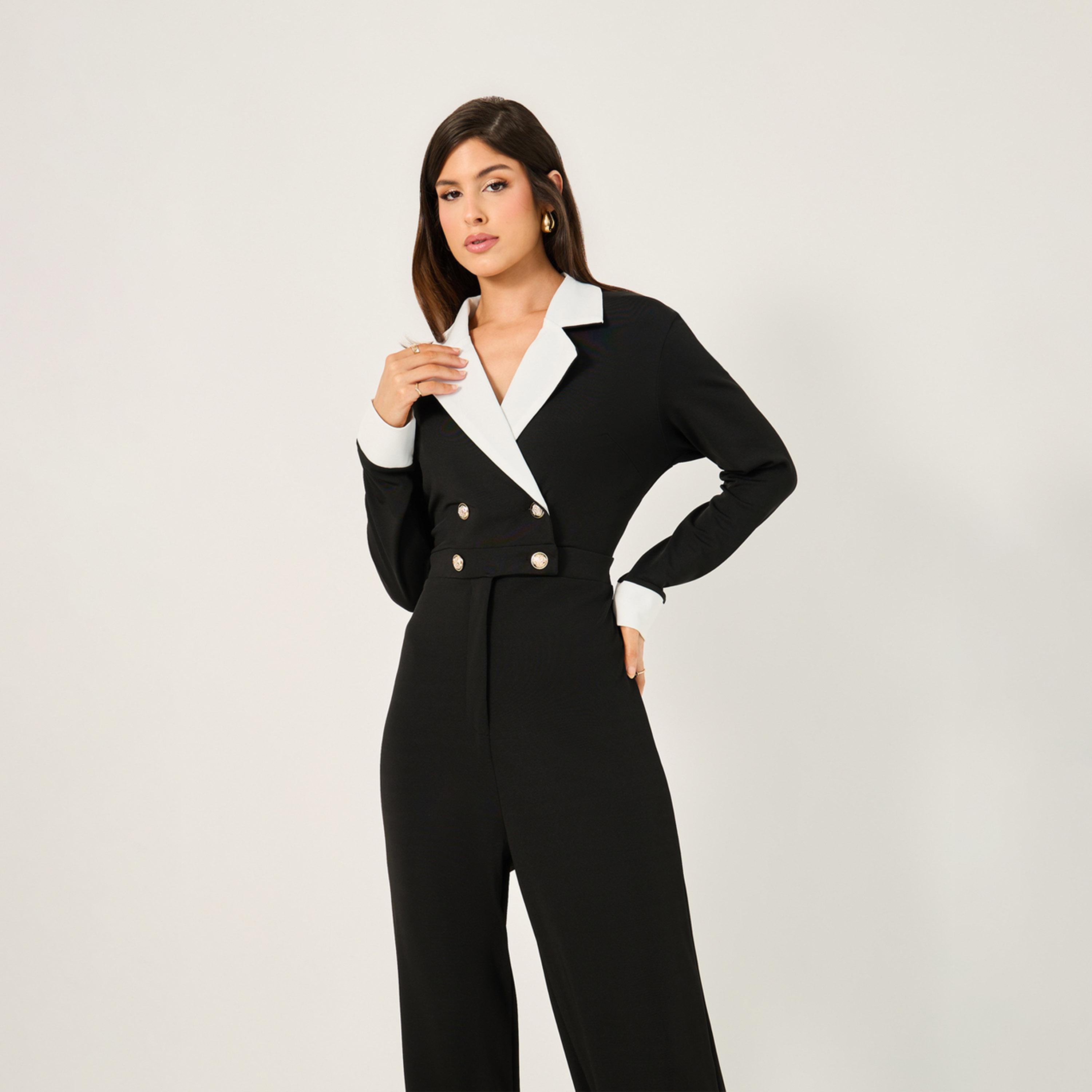 Styli Contrast Trim Double-Breasted Straight Leg Jumpsuit-women-clothing-jumpsuits-image-2
