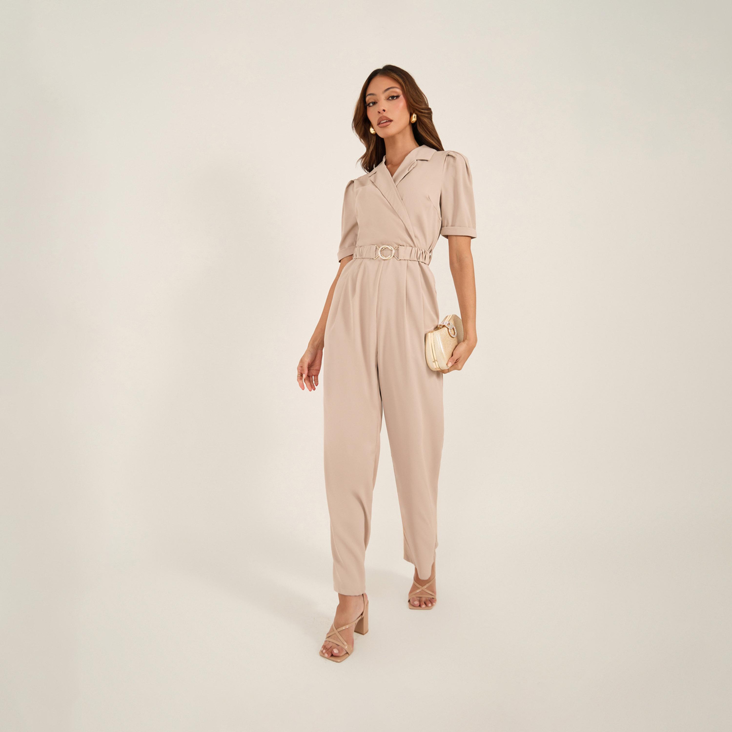 ستايلي - جمبسوت بقصة ساق مستقيمة وياقة مطوية وحزام مطاطي-women-clothing-jumpsuits-image-2
