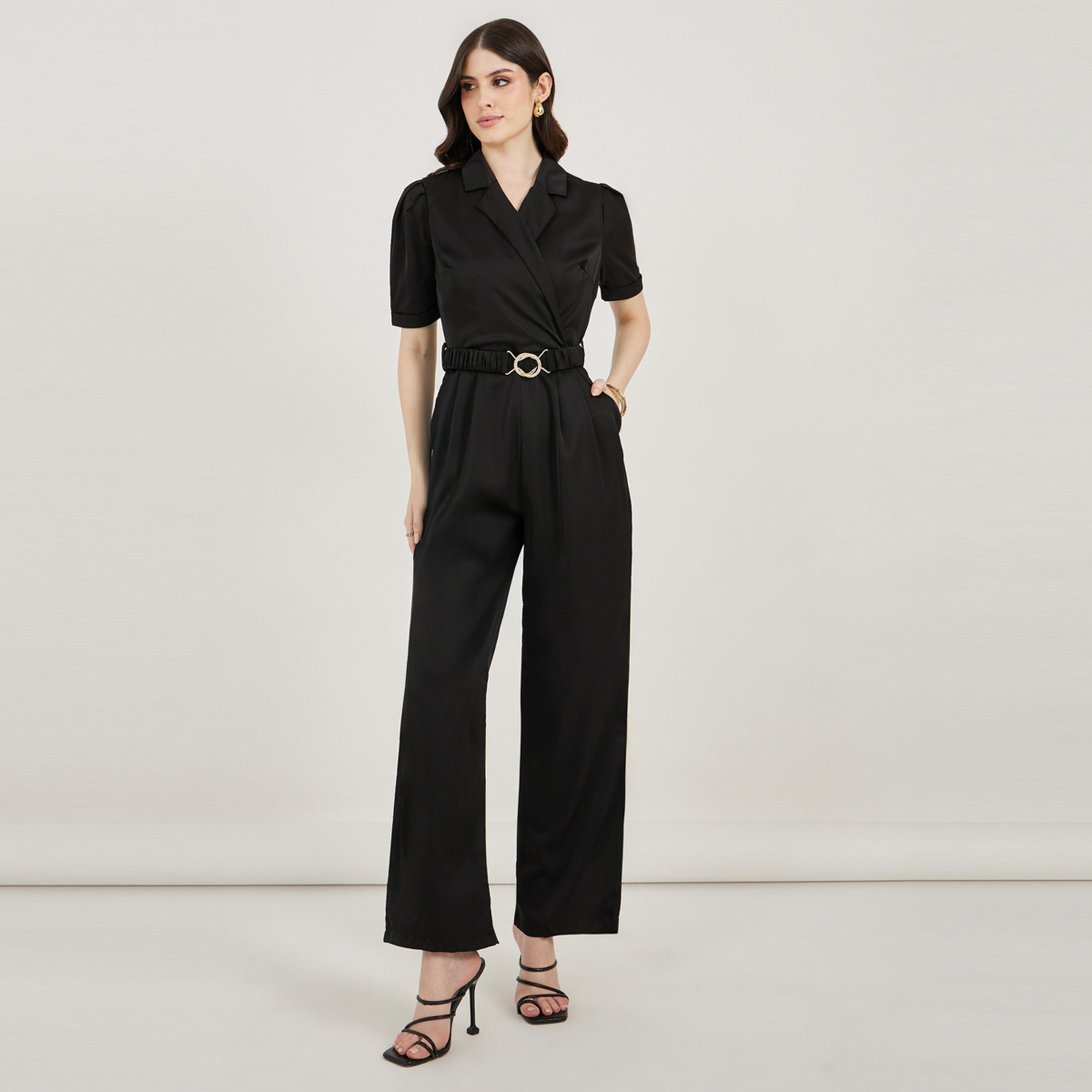 ستايلي - جمبسوت بساق مستقيمة وياقة مطوية وحزام مطاطي-women-clothing-jumpsuits-image-1