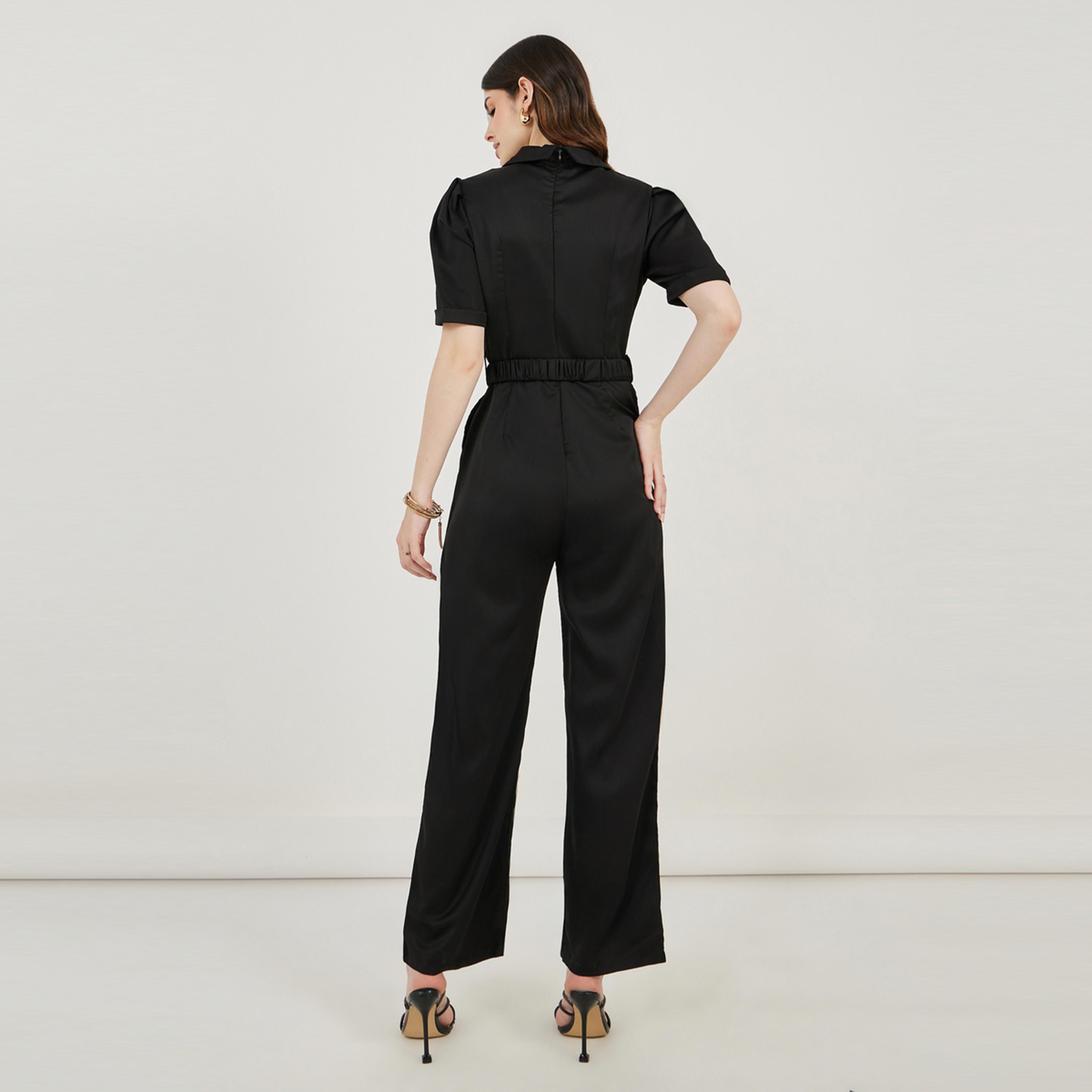 ستايلي - جمبسوت بساق مستقيمة وياقة مطوية وحزام مطاطي-women-clothing-jumpsuits-image-4