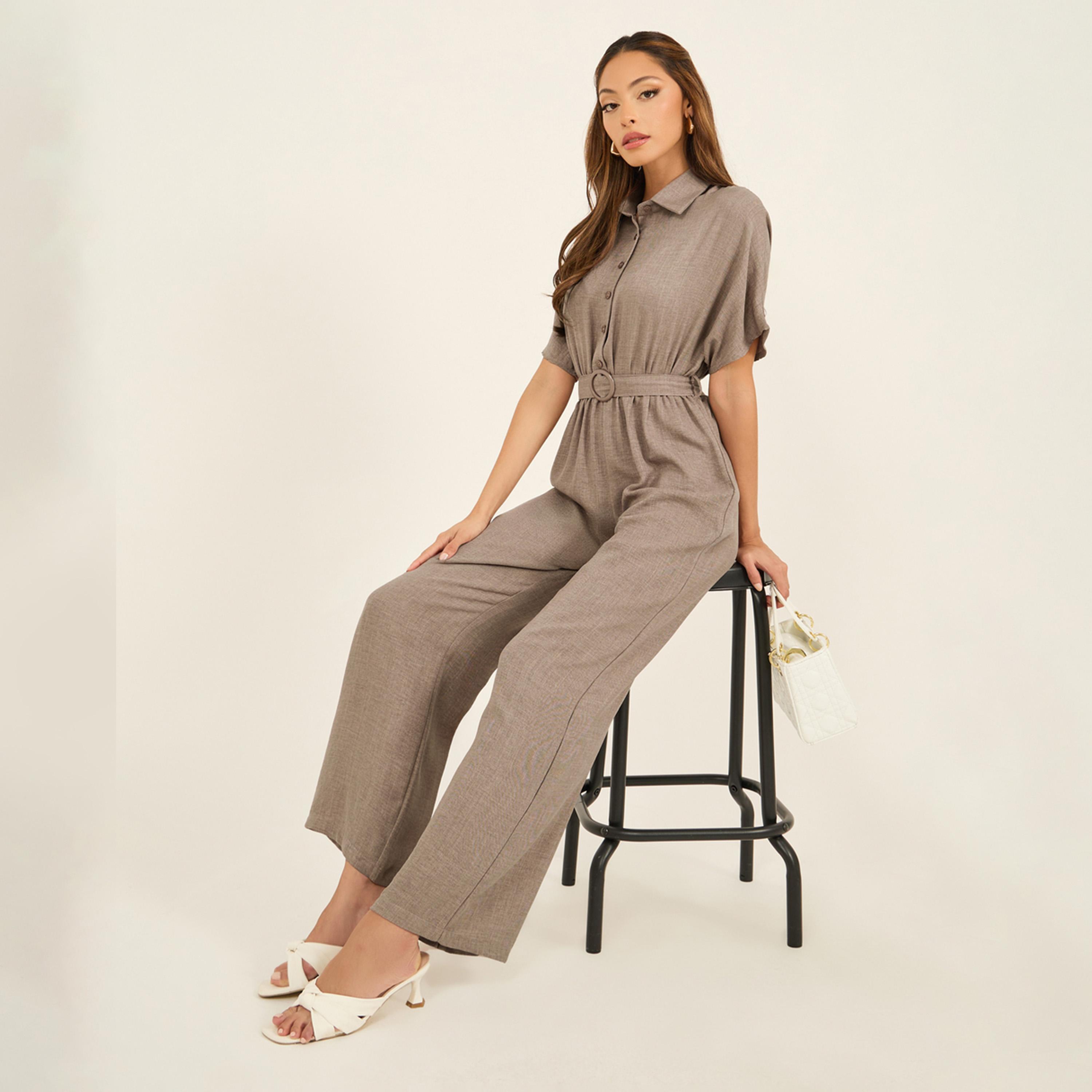 Styli Shirt Collar Short Sleeve Jumpsuit With Straight Legged Fit-women-clothing-jumpsuits-image-1