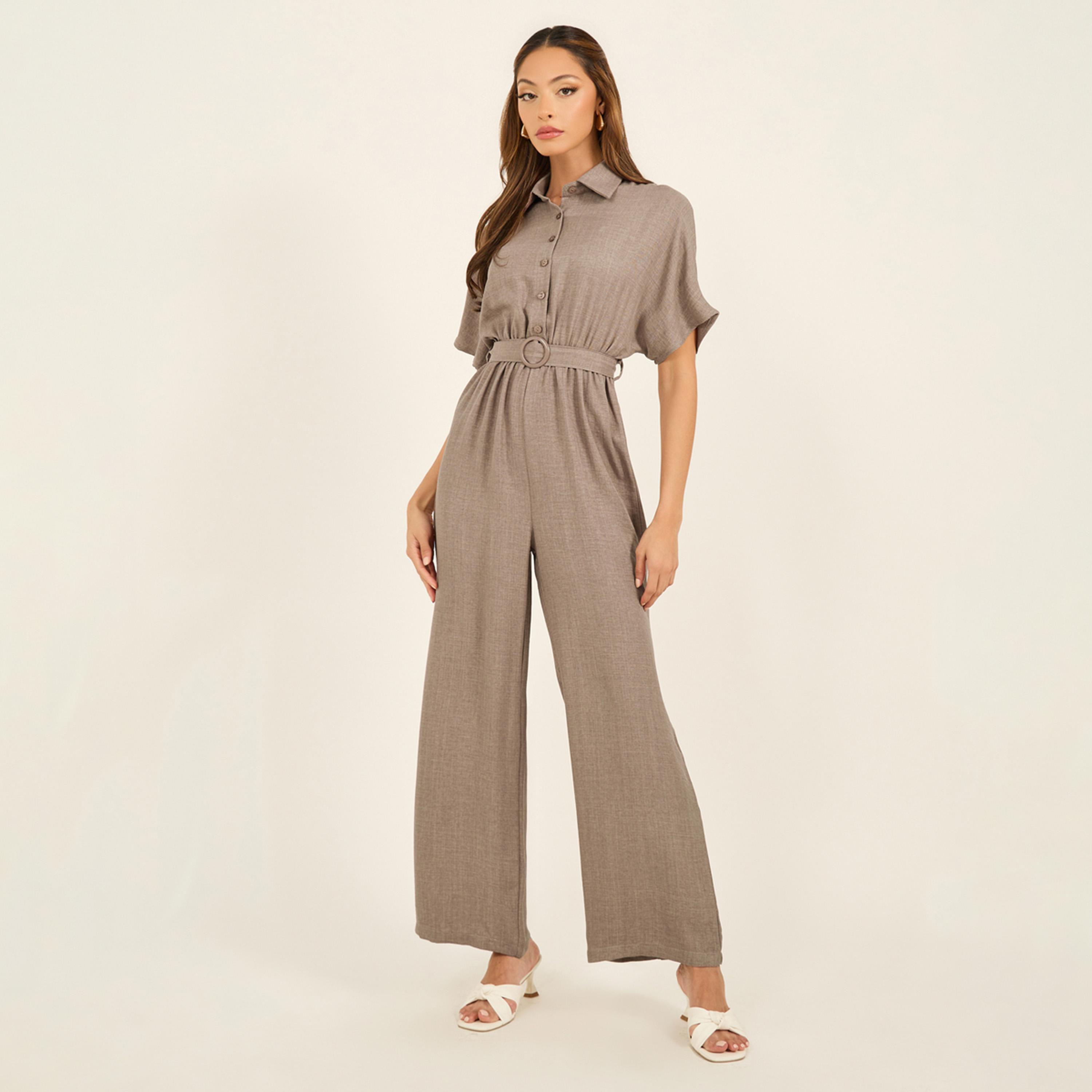 Styli Shirt Collar Short Sleeve Jumpsuit With Straight Legged Fit-women-clothing-jumpsuits-image-2