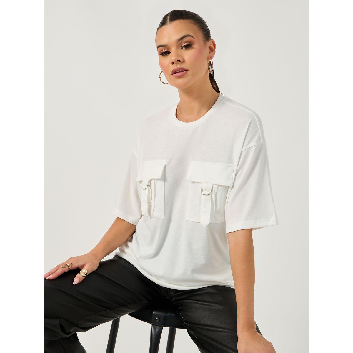Styli Double Utility Pocket Solid Oversized T-Shirt-women-clothing-tshirts-image-1