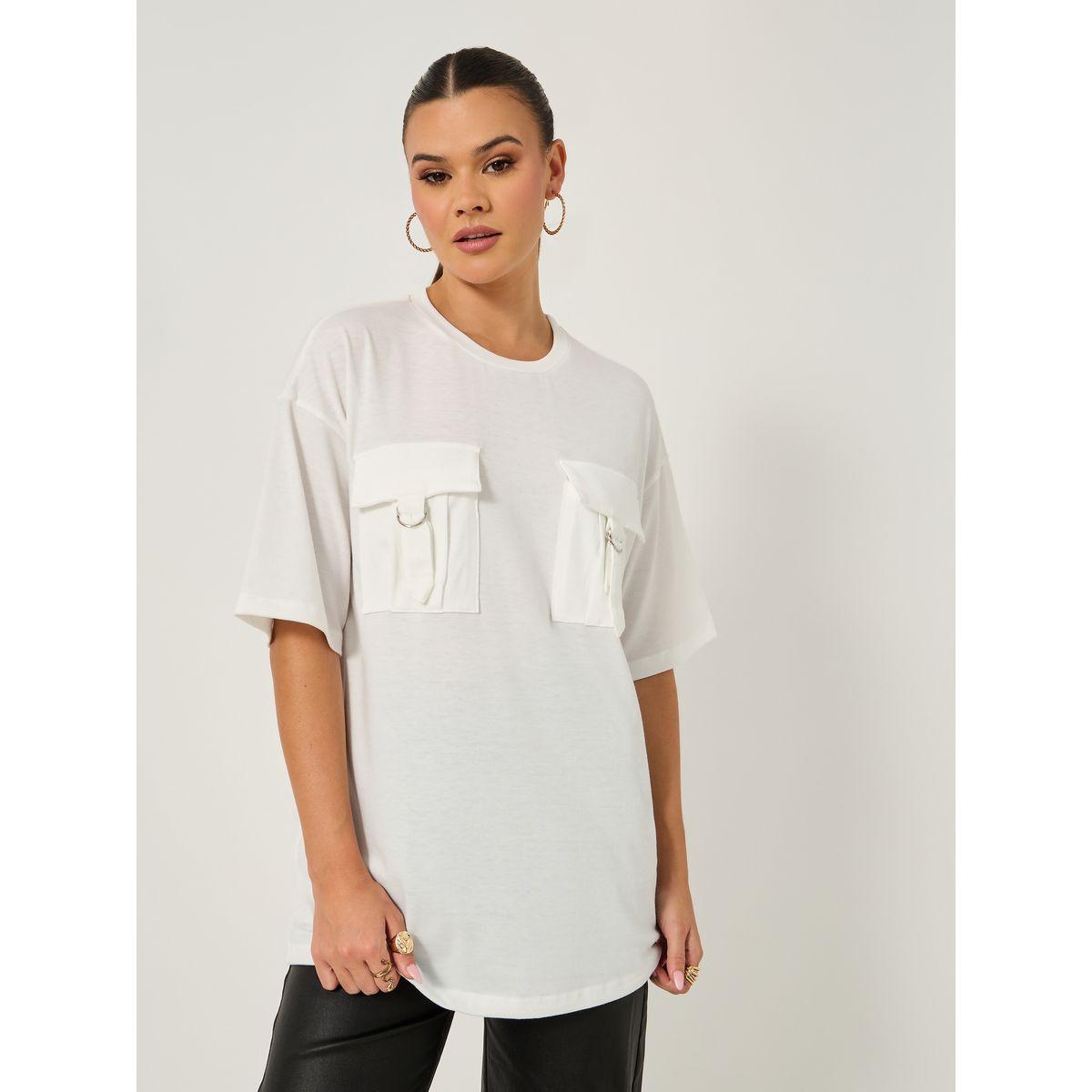 Styli Double Utility Pocket Solid Oversized T-Shirt-women-clothing-tshirts-image-2