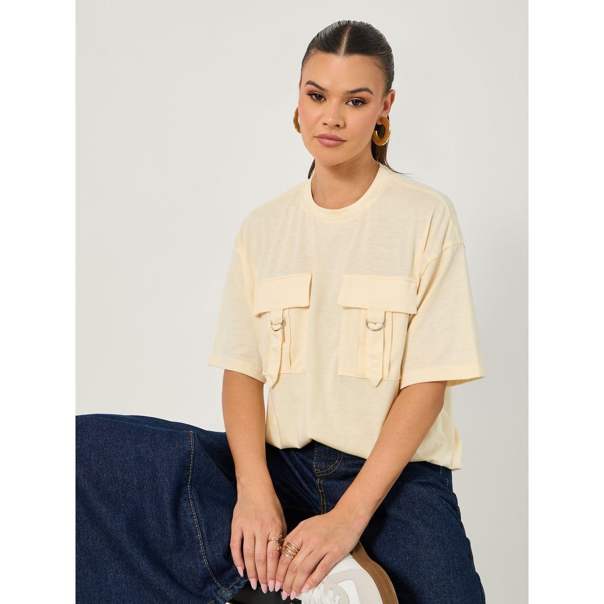 Styli Double Utility Pocket Solid Oversized T-Shirt-women-clothing-tshirts-image-1