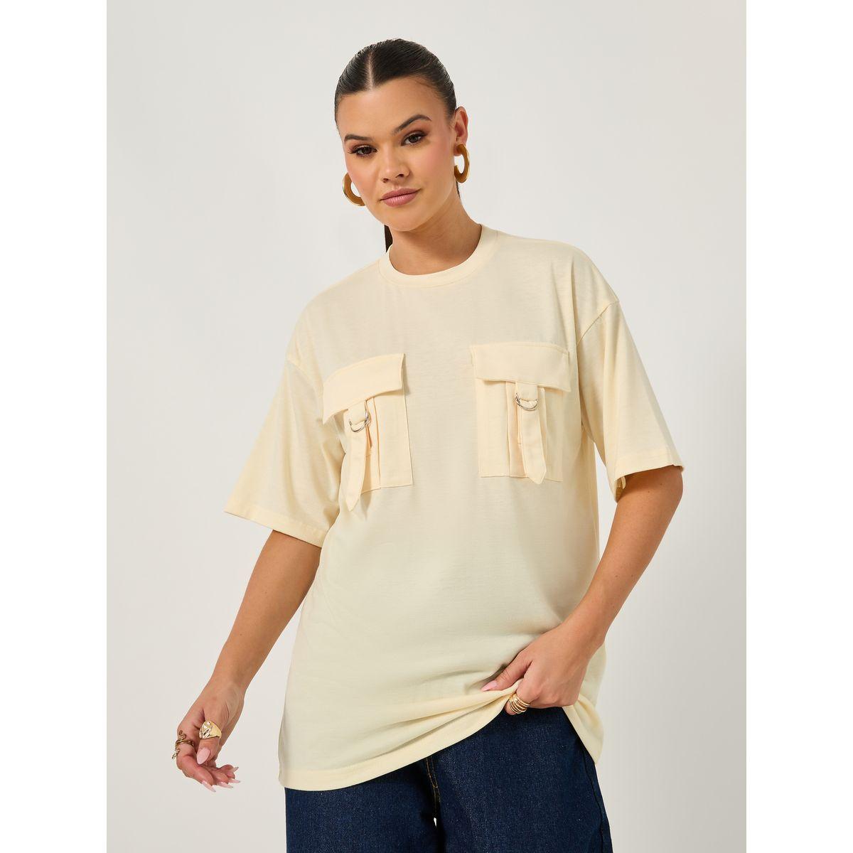 Styli Double Utility Pocket Solid Oversized T-Shirt-women-clothing-tshirts-image-2