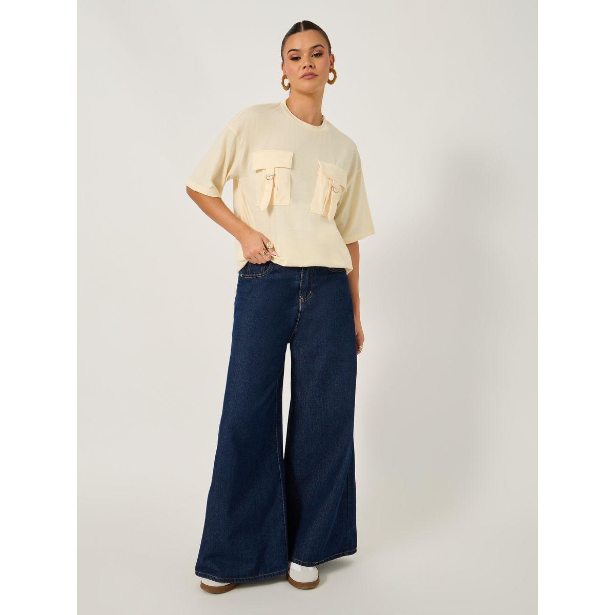 Styli Double Utility Pocket Solid Oversized T-Shirt-women-clothing-tshirts-image-3