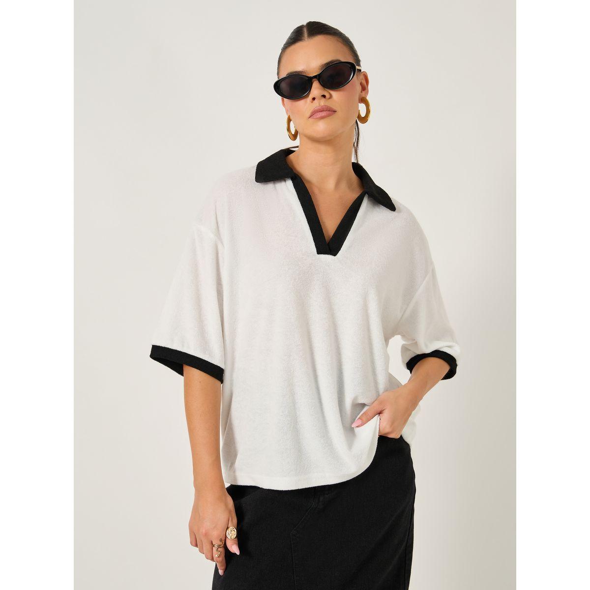 تيشيرت بولو بقصة بوكسي وأكمام قصيرة-women-clothing-tshirts-image-1