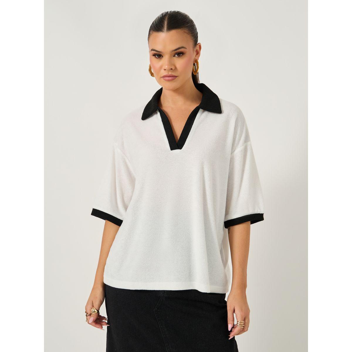 تيشيرت بولو بقصة بوكسي وأكمام قصيرة-women-clothing-tshirts-image-2